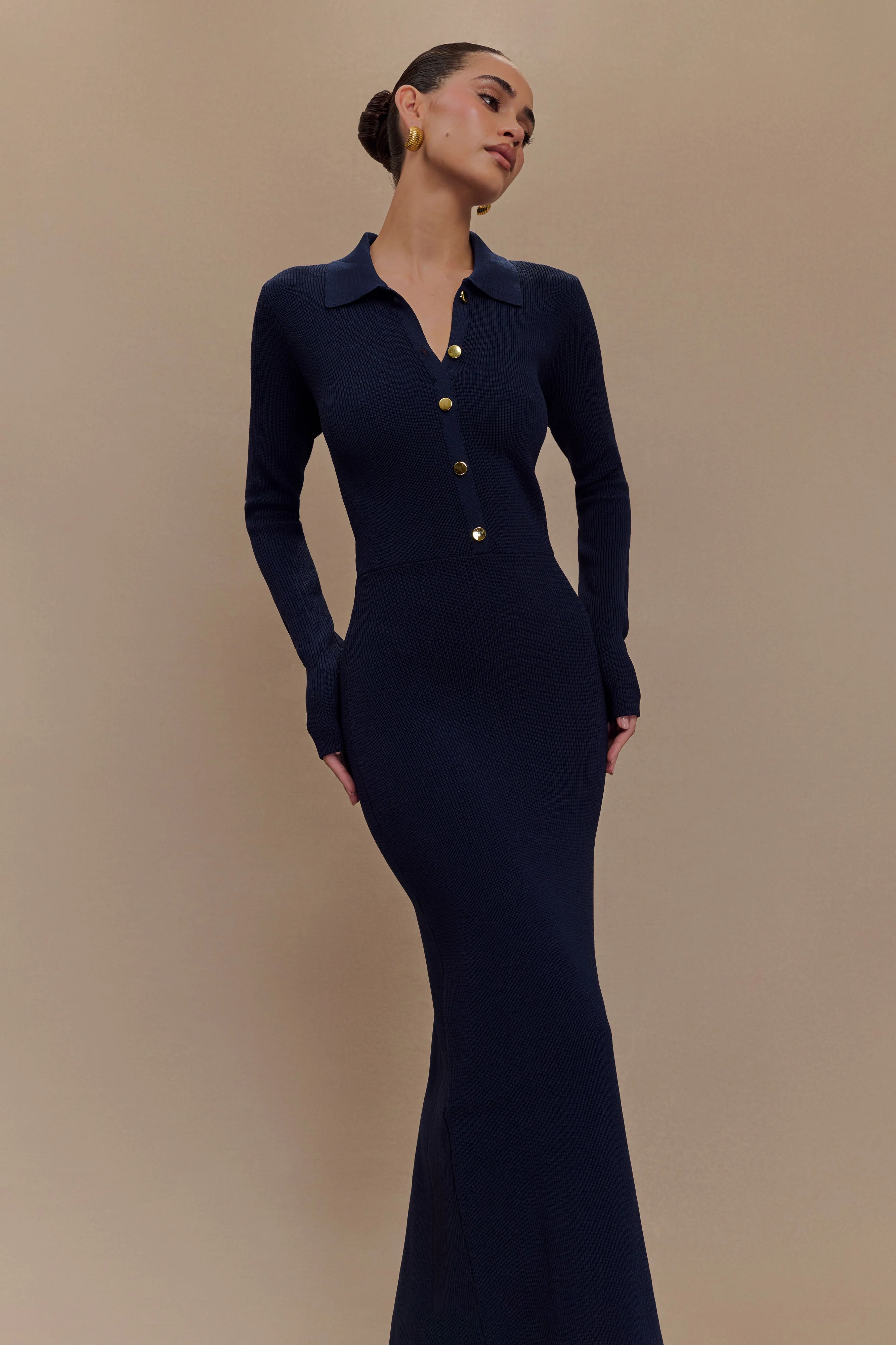 Abbey Buttoned Knit Midi Dress - Navy - Image 3