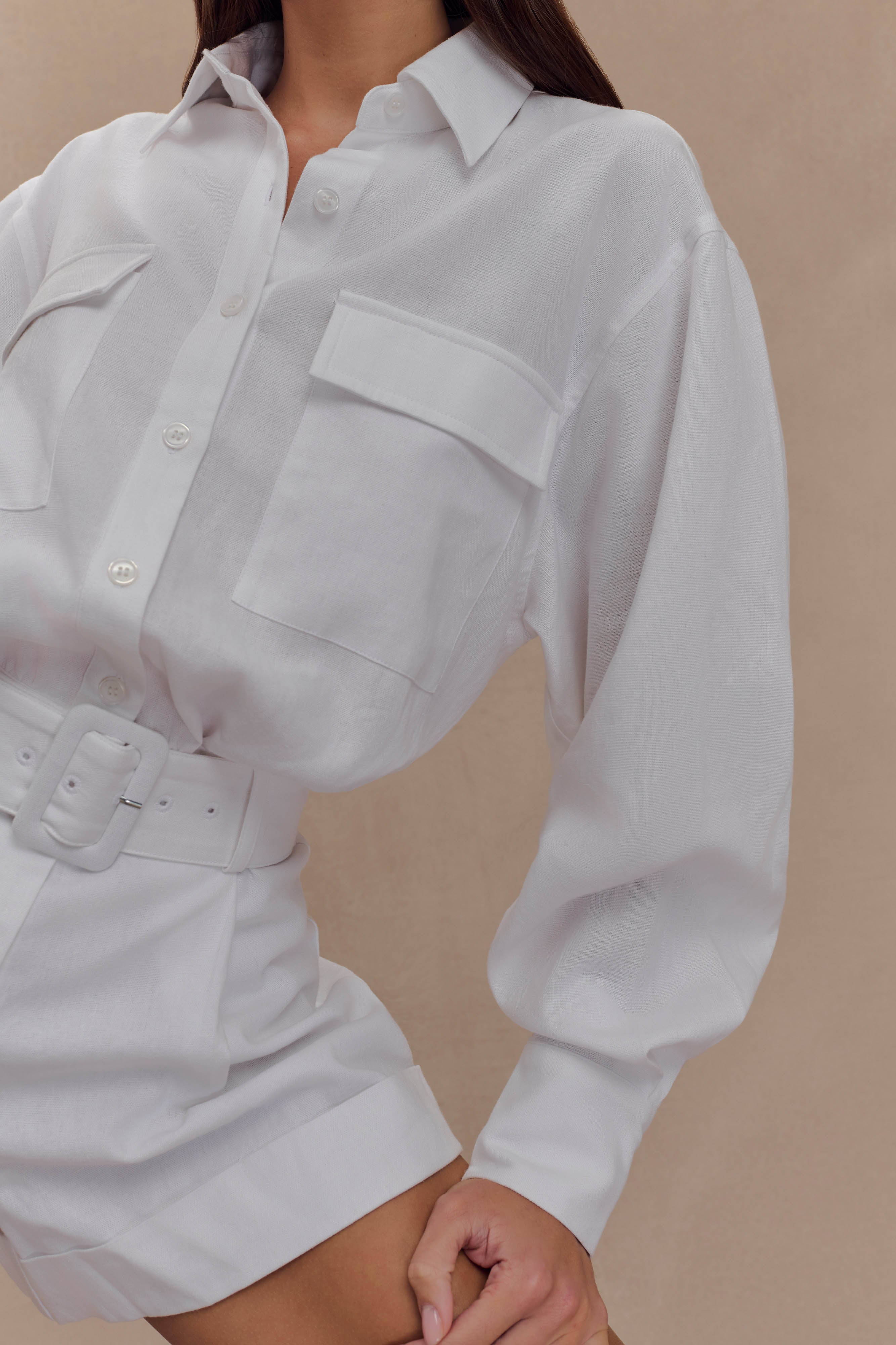 Adia Linen Belted Playsuit - White - Image 4