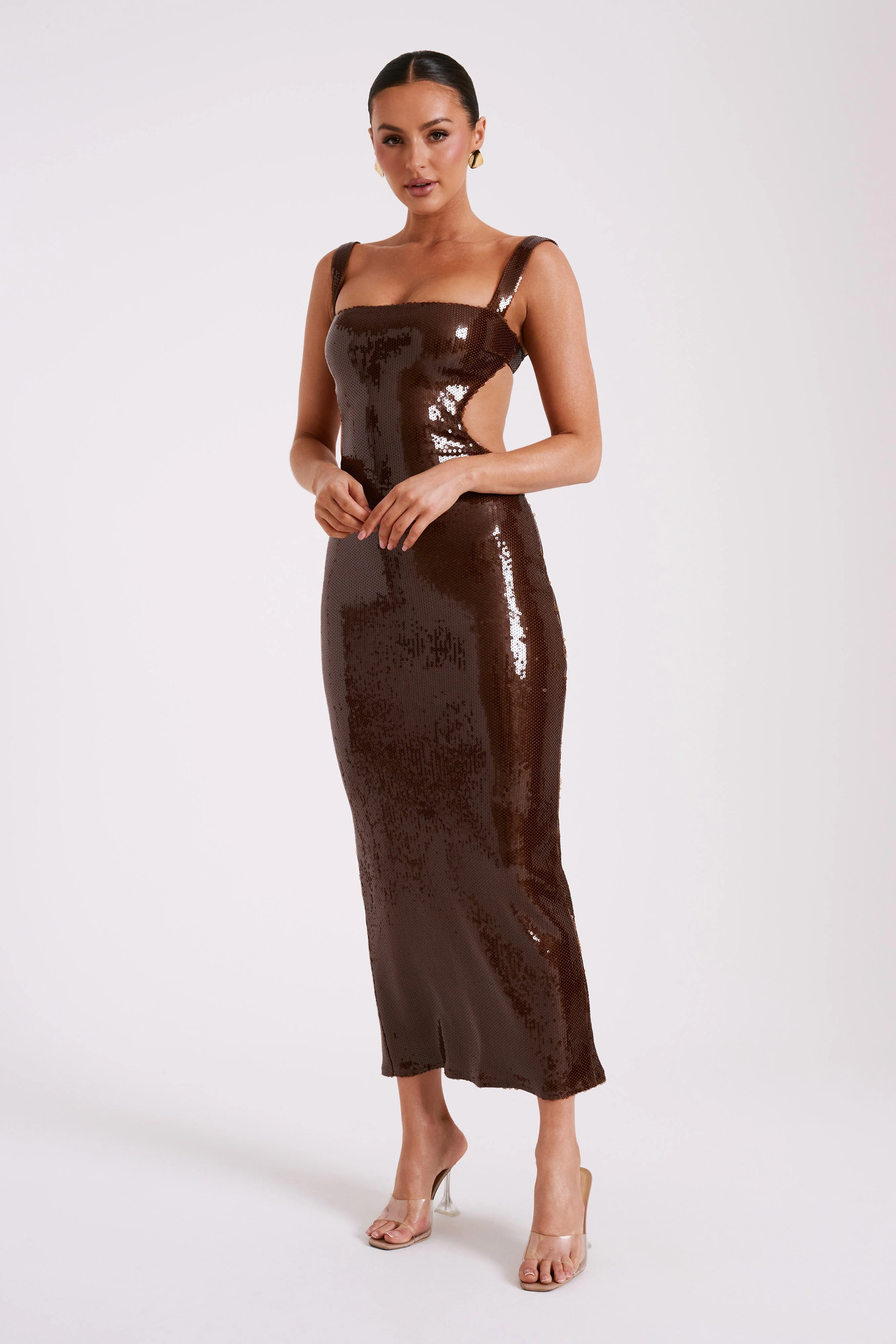 Adoria Sequin Cut Out Maxi Dress - Chocolate - Image 11