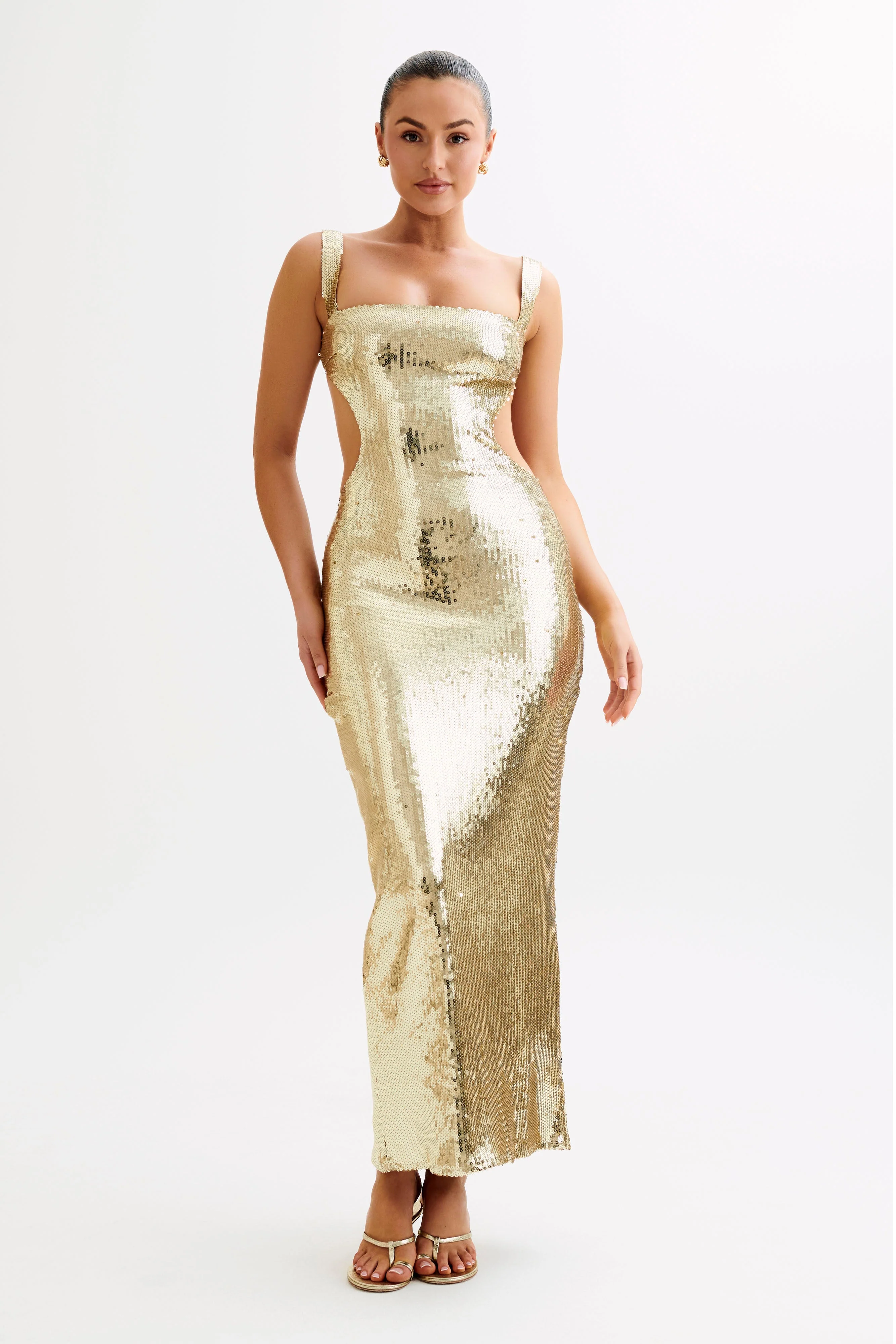 Adoria Sequin Cut Out Maxi Dress - Gold - Image 6
