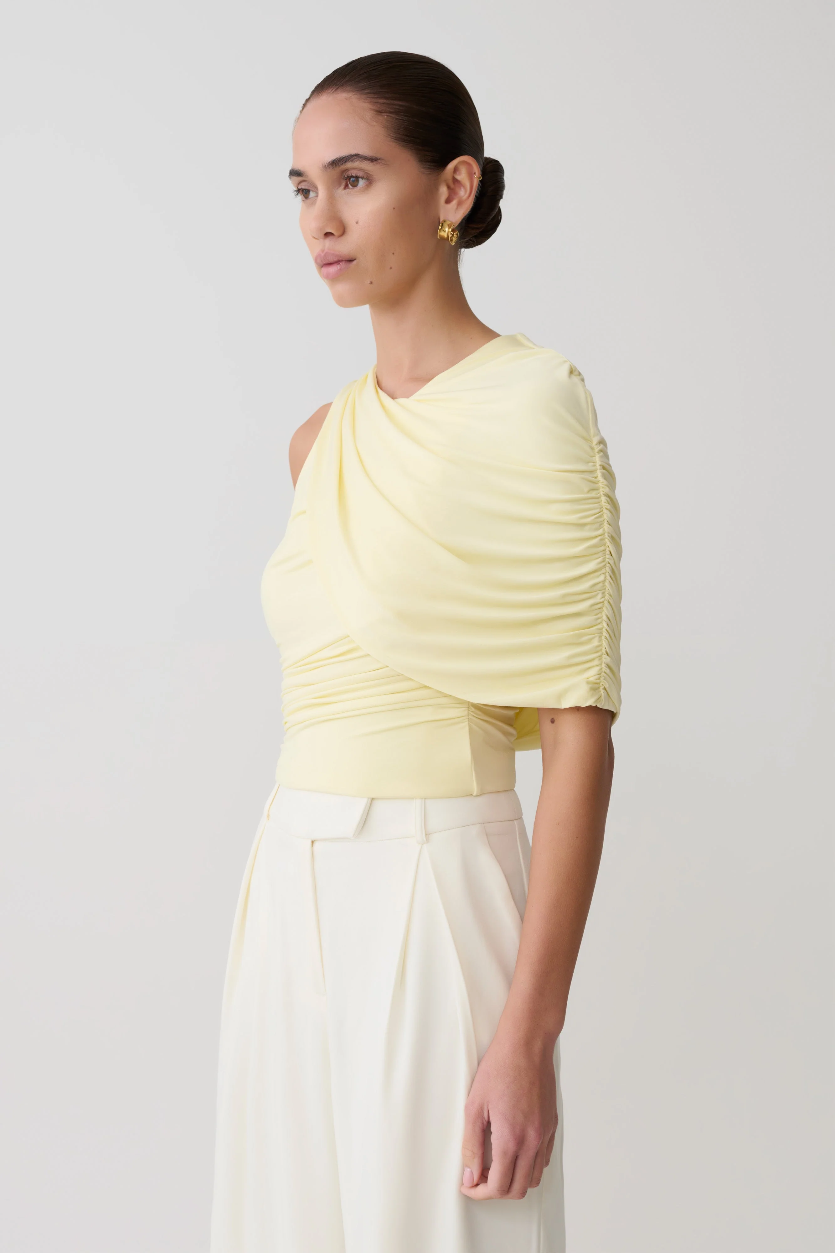 Adrienne One Shoulder Slinky Top - Lemon - Image 3
