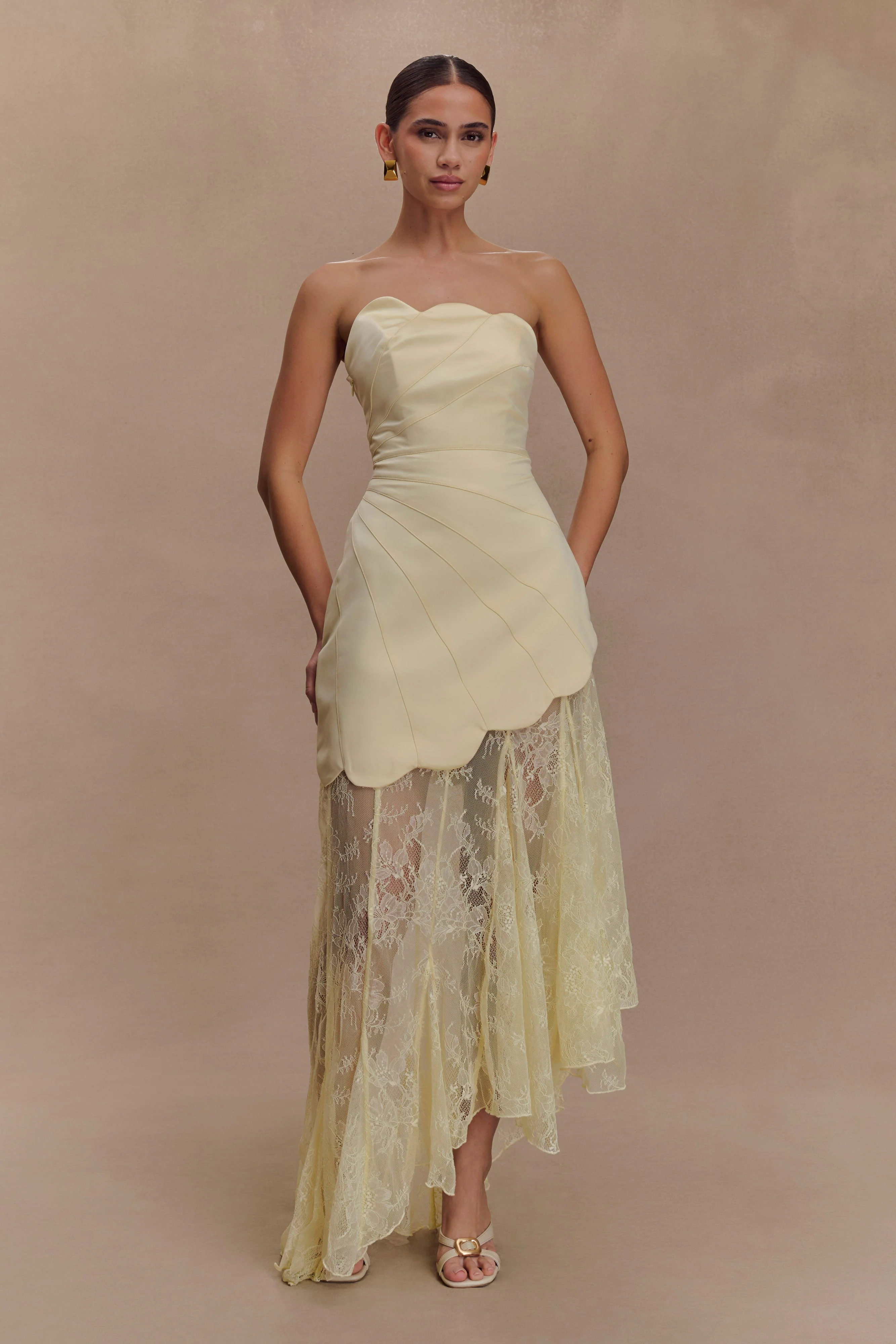 Aleena Satin And Lace Maxi Dress - Lemon - Image 4