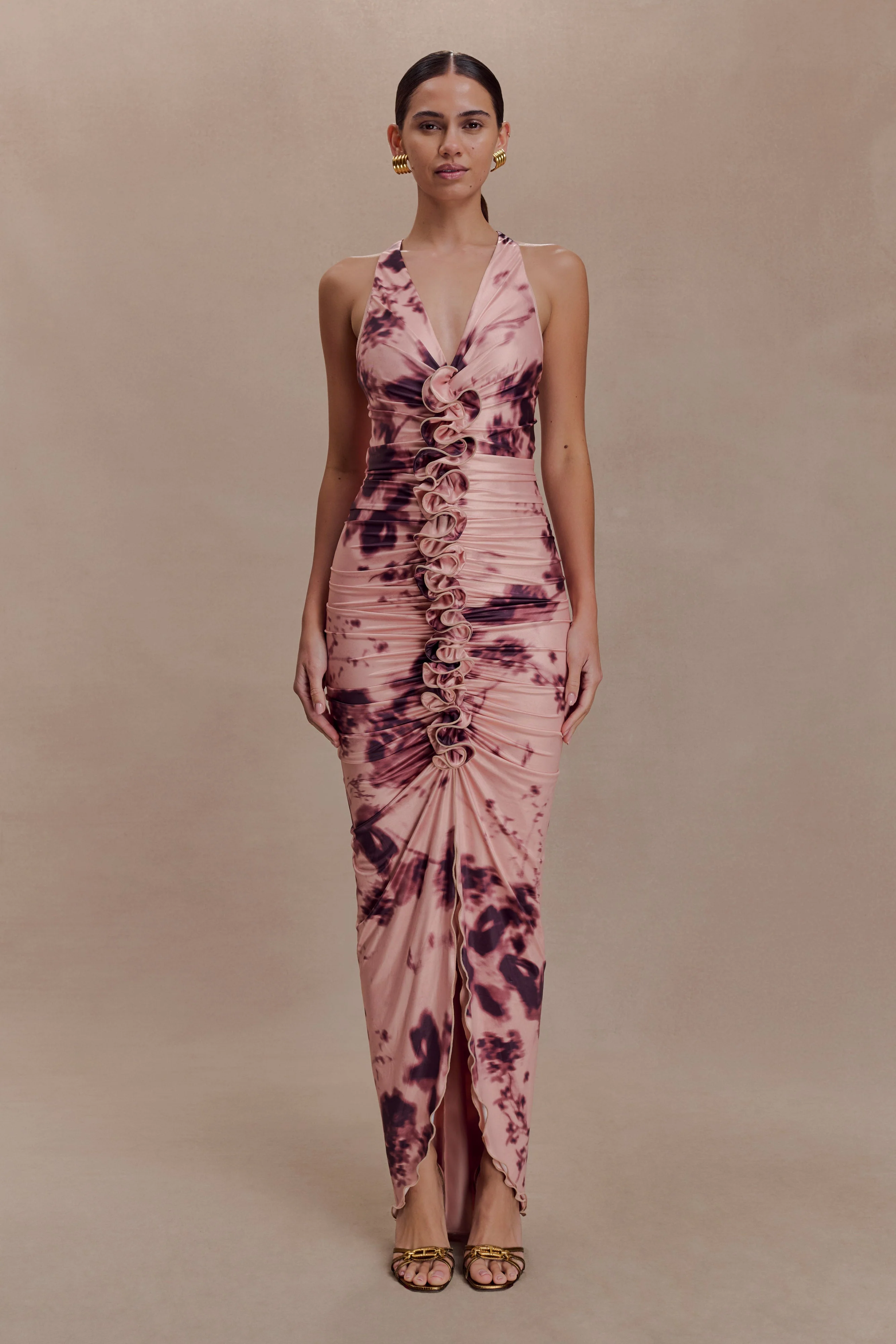 Alessandra Slinky Ruffle Maxi Dress - Pink Blurred Floral Print - Image 2