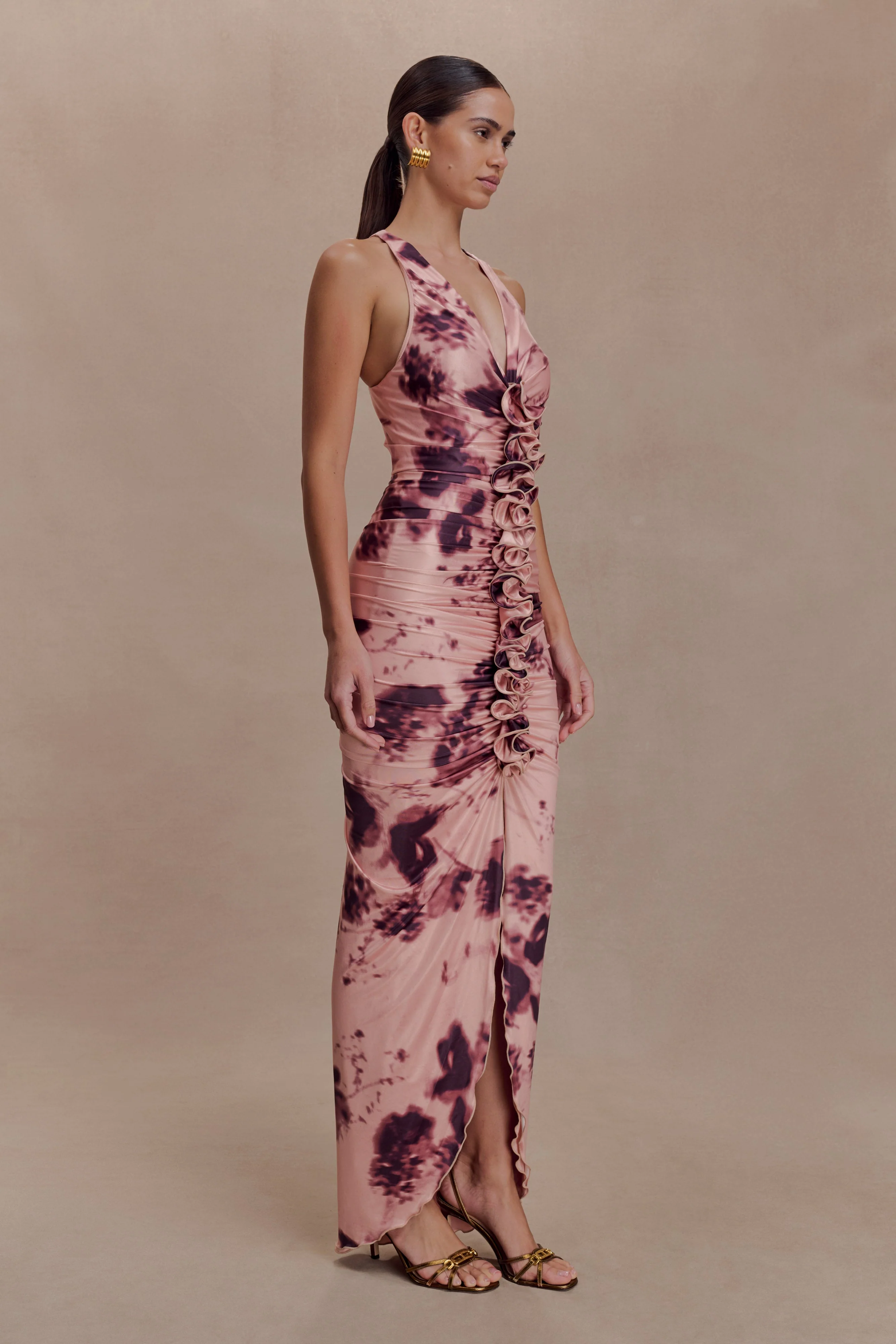 Alessandra Slinky Ruffle Maxi Dress - Pink Blurred Floral Print - Image 4