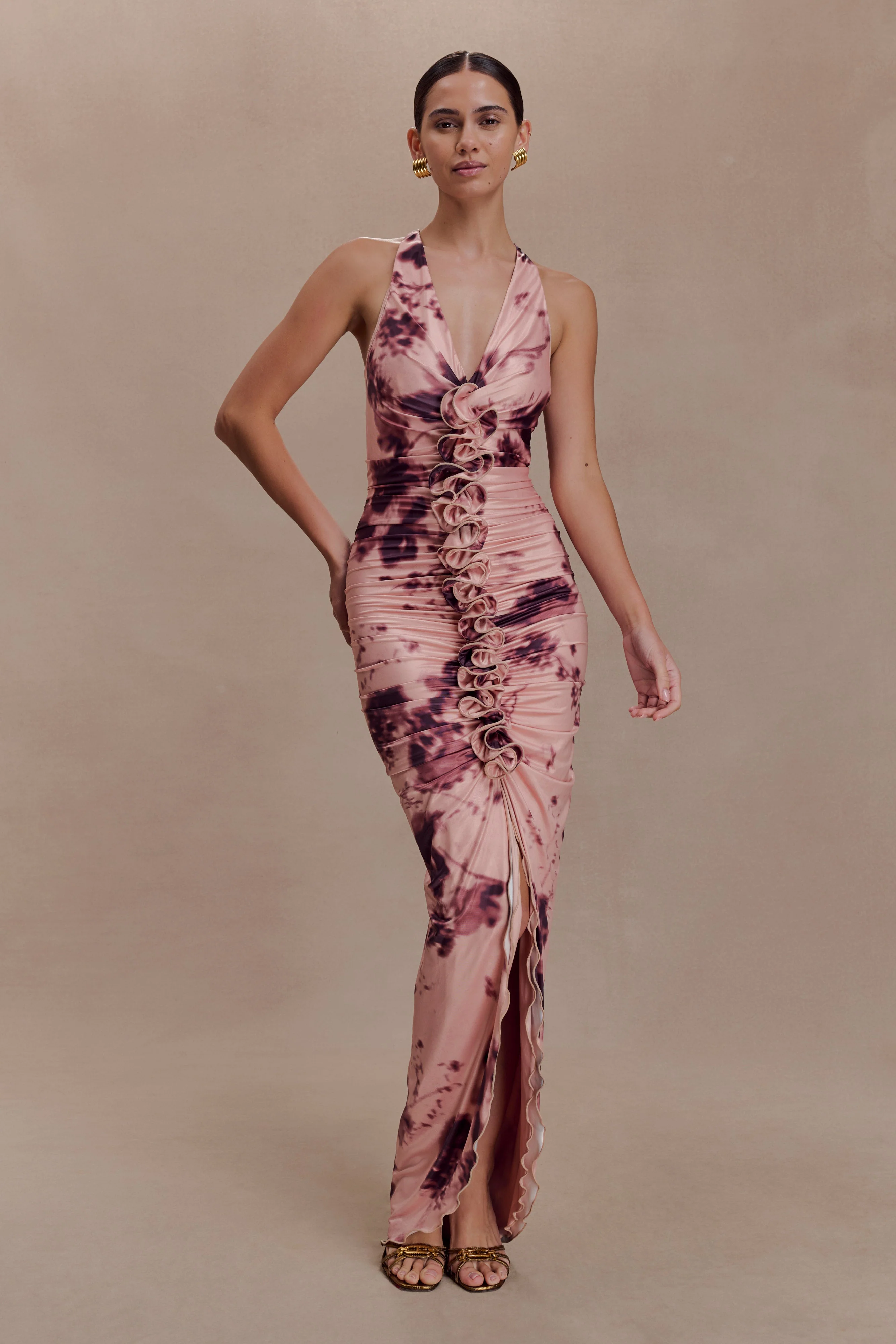 Alessandra Slinky Ruffle Maxi Dress - Pink Blurred Floral Print - Image 6