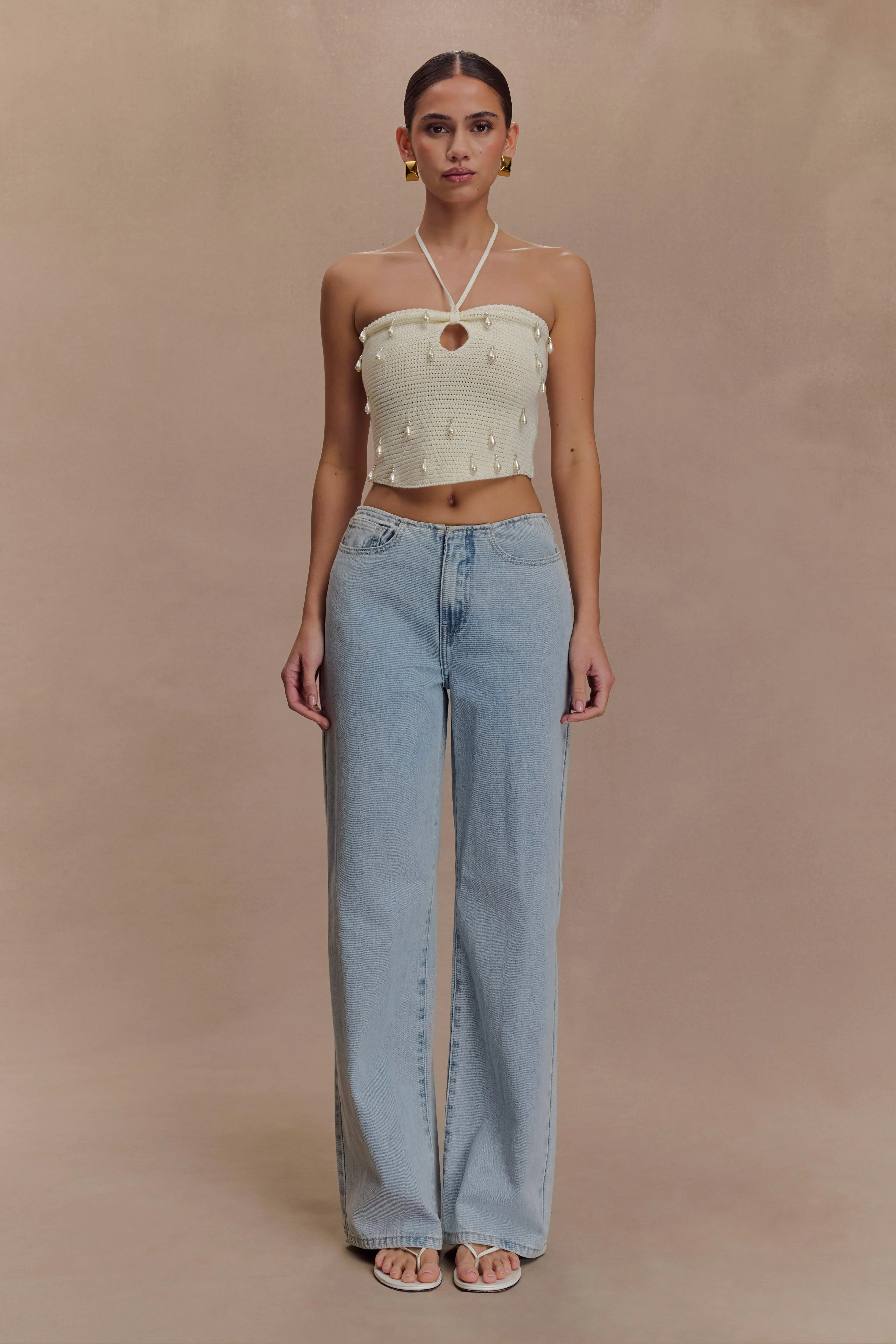 Aletta Knit Pearl Halter Top - Ivory - Image 4