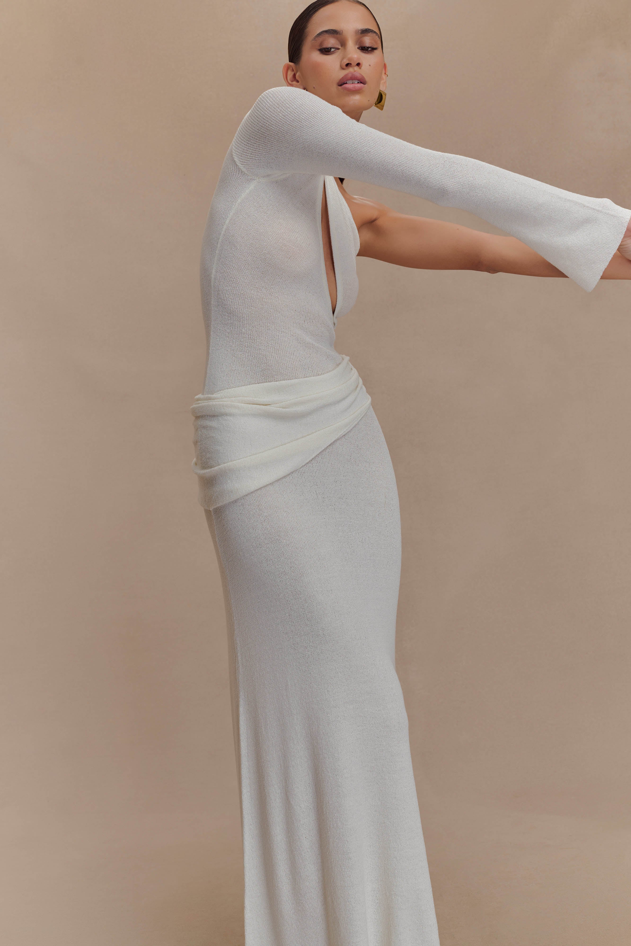 Alexius One Shoulder Knit Maxi Dress - Ivory - Image 5