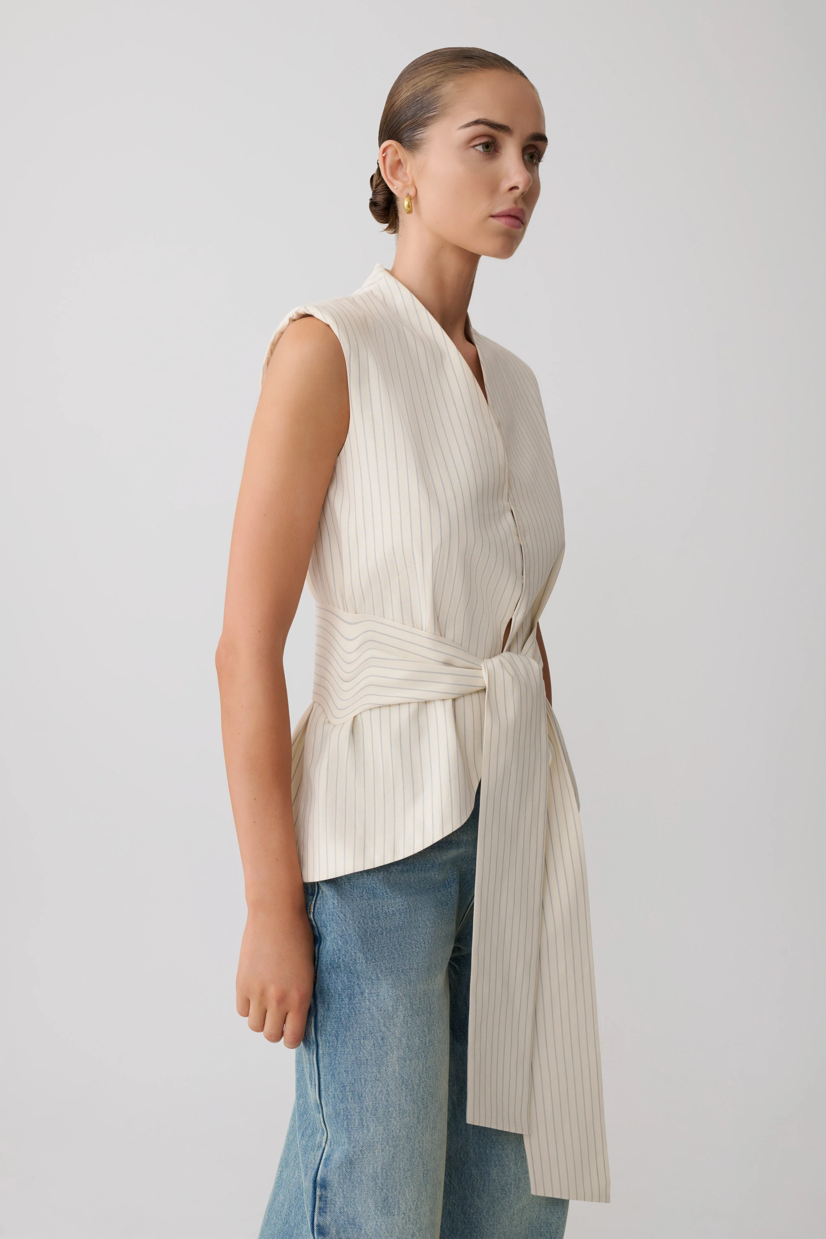 Alina Waist Tie Sleeveless Top - Stripe - Image 8
