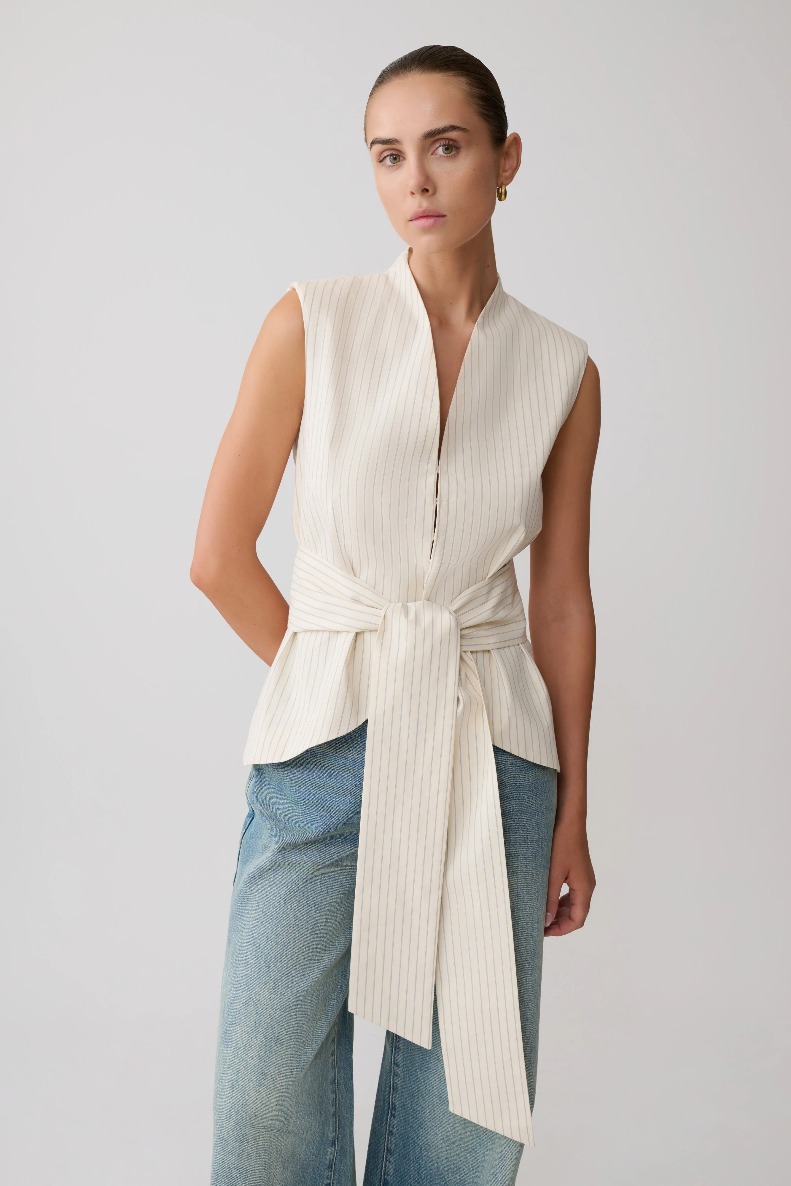 Alina Waist Tie Sleeveless Top - Stripe - Image 9