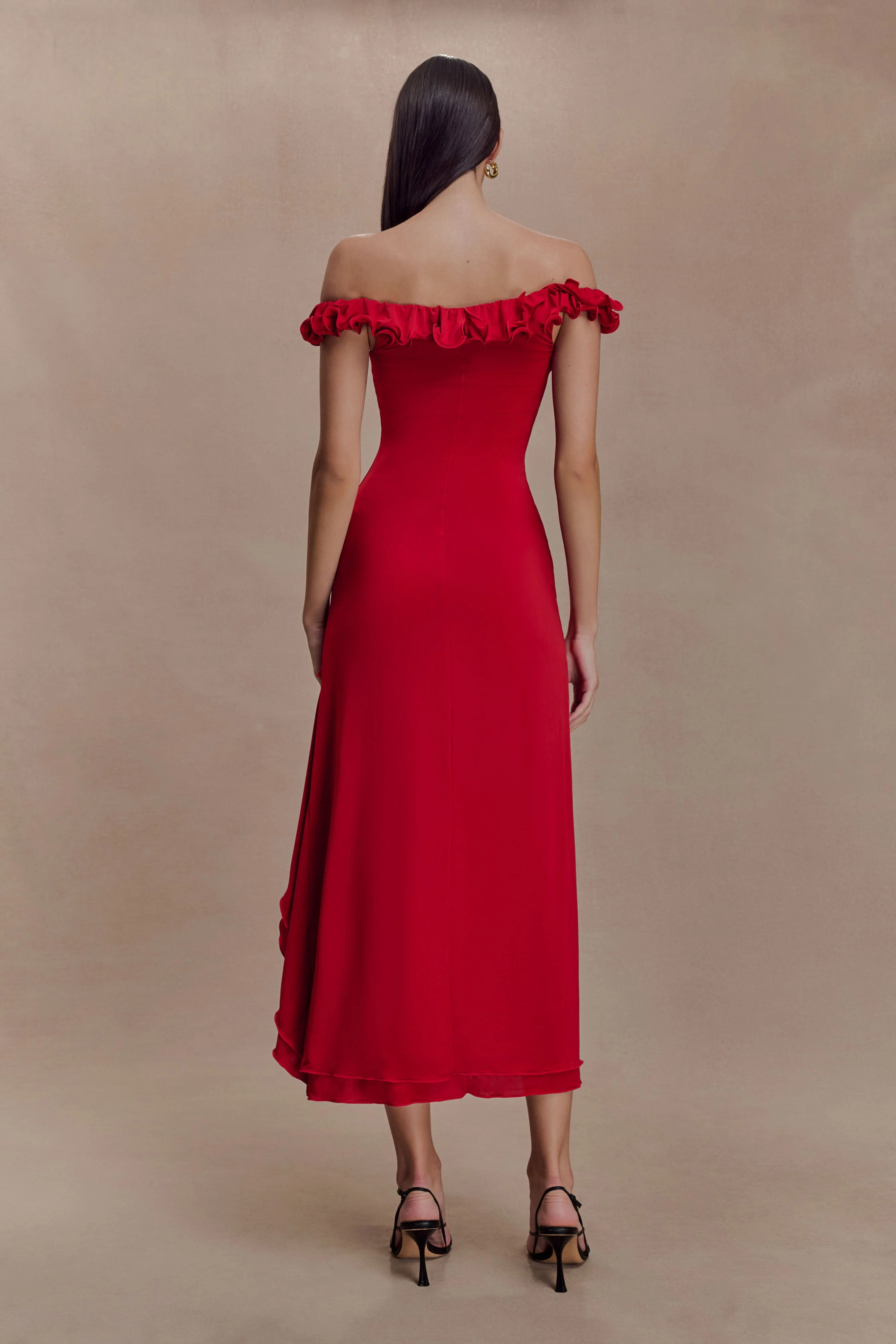 Allegra Off Shoulder Ruffle Midi Dress - Ruby - Image 4