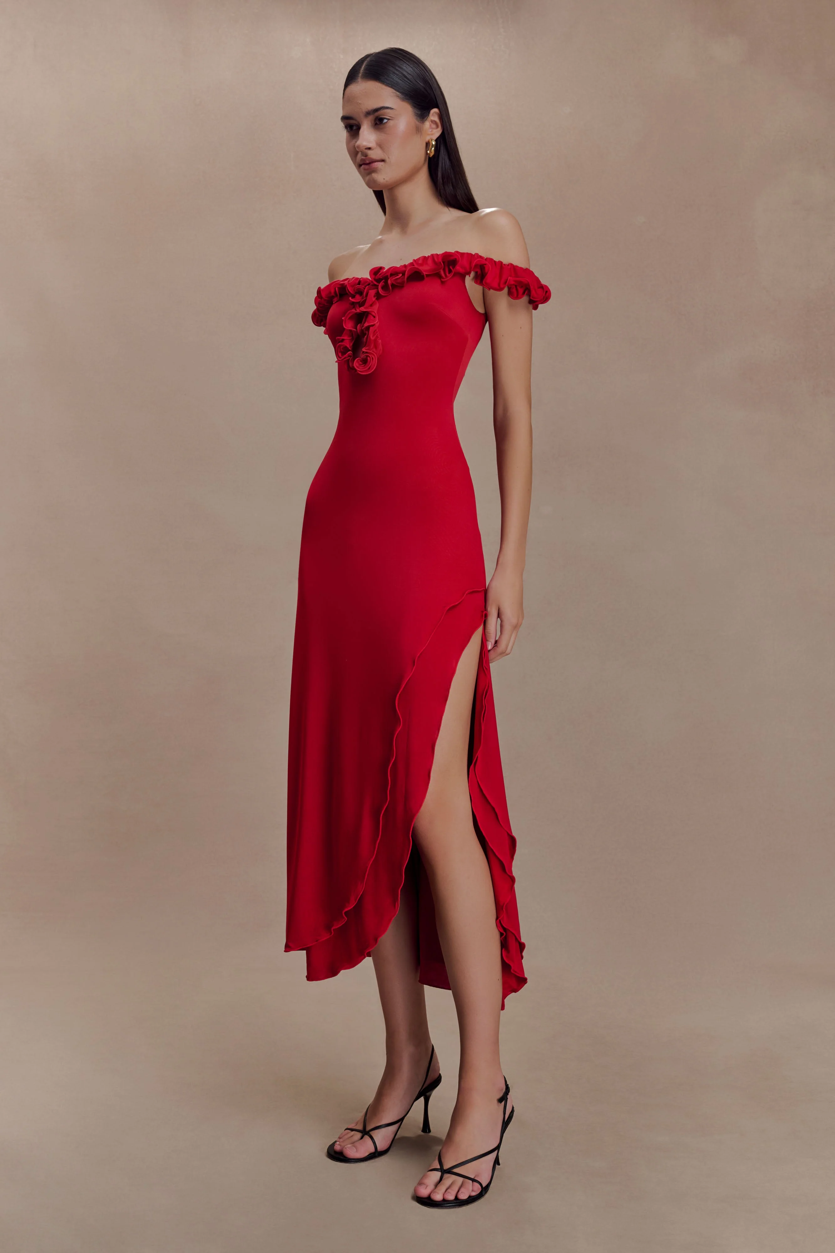 Allegra Off Shoulder Ruffle Midi Dress - Ruby - Image 5