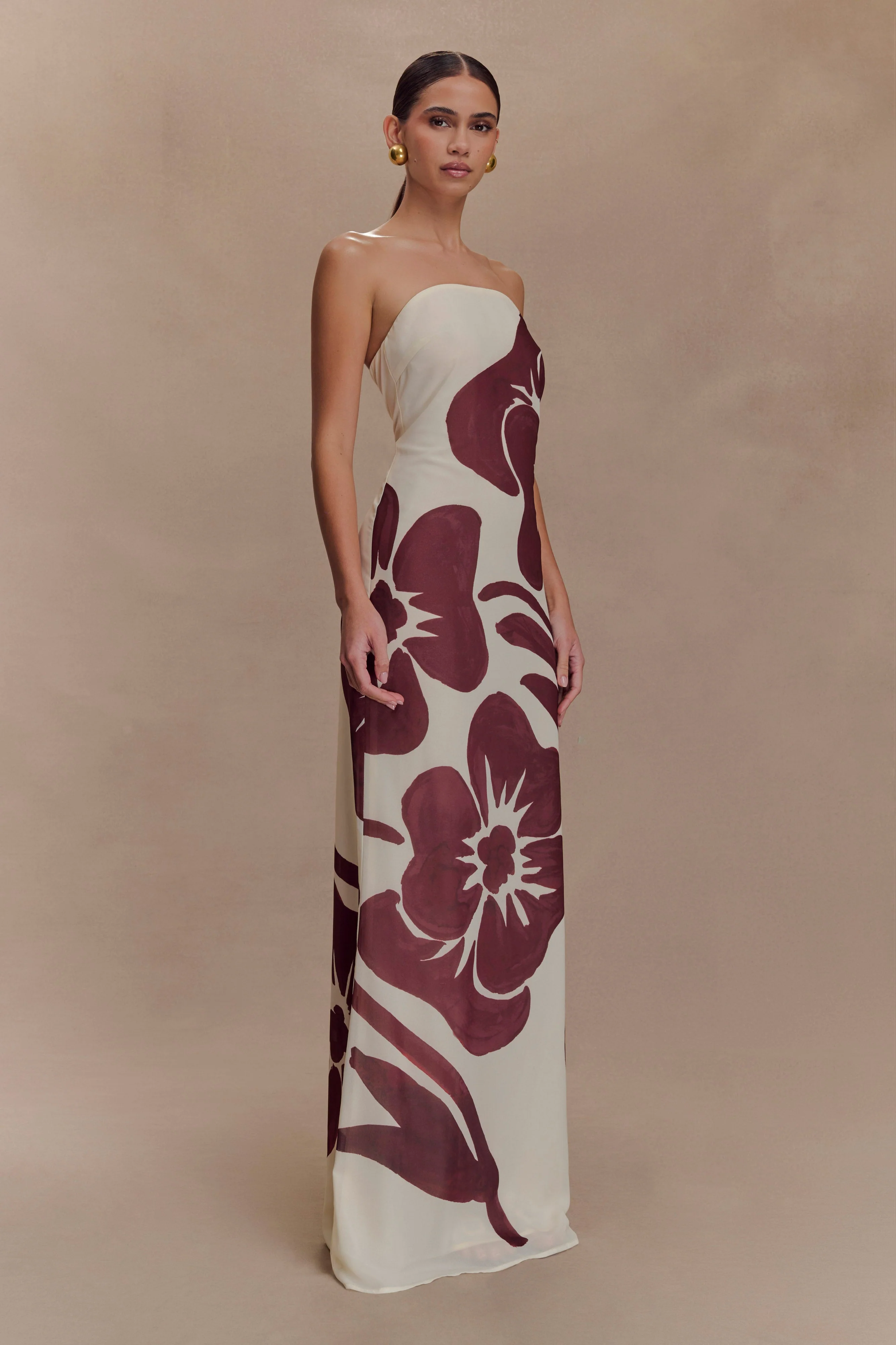 Amaya Strapless Chiffon Maxi Dress - Brown Deco Fleur Print - Image 4