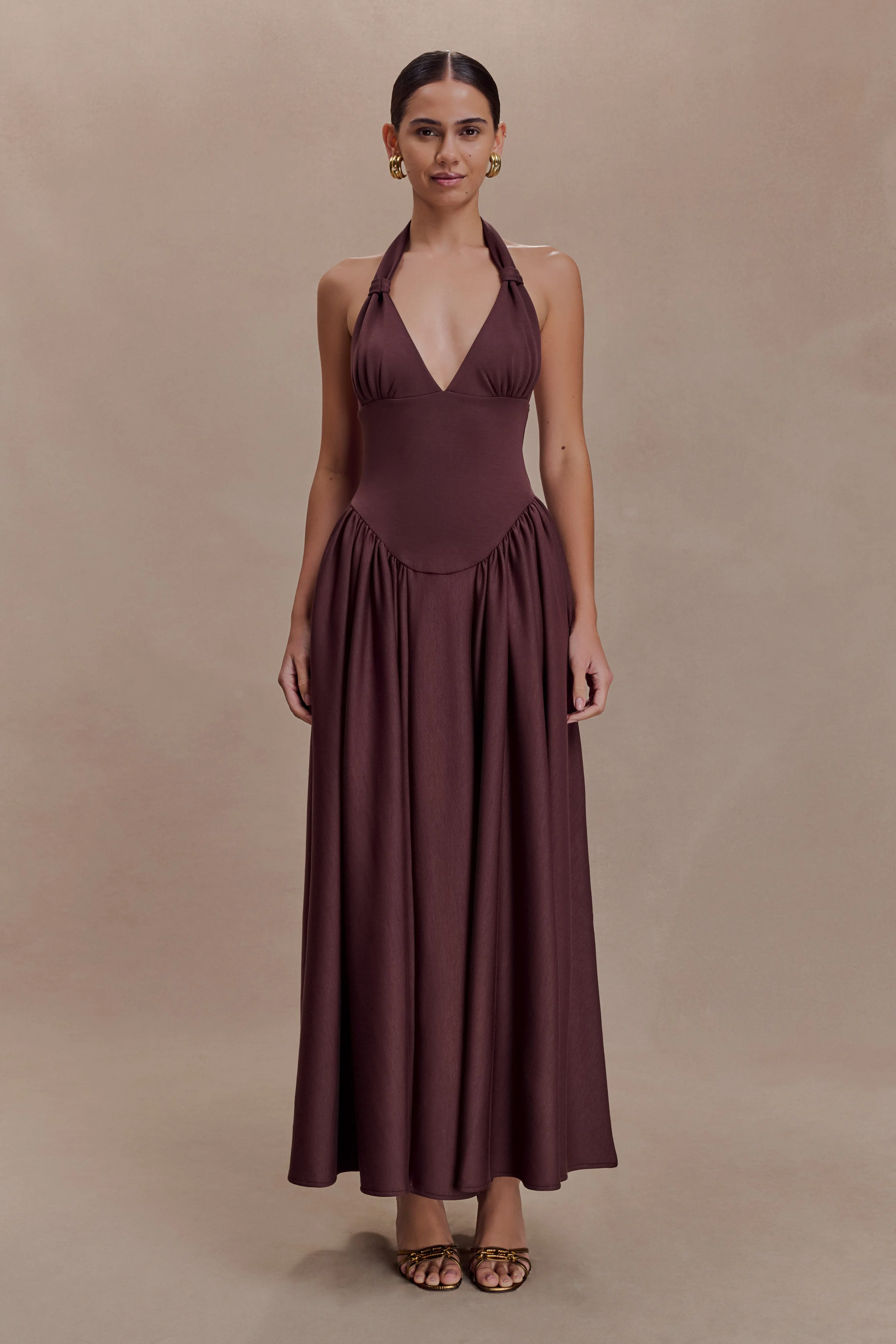 Angelina Scuba Halter Midi Dress - Chocolate - Image 2
