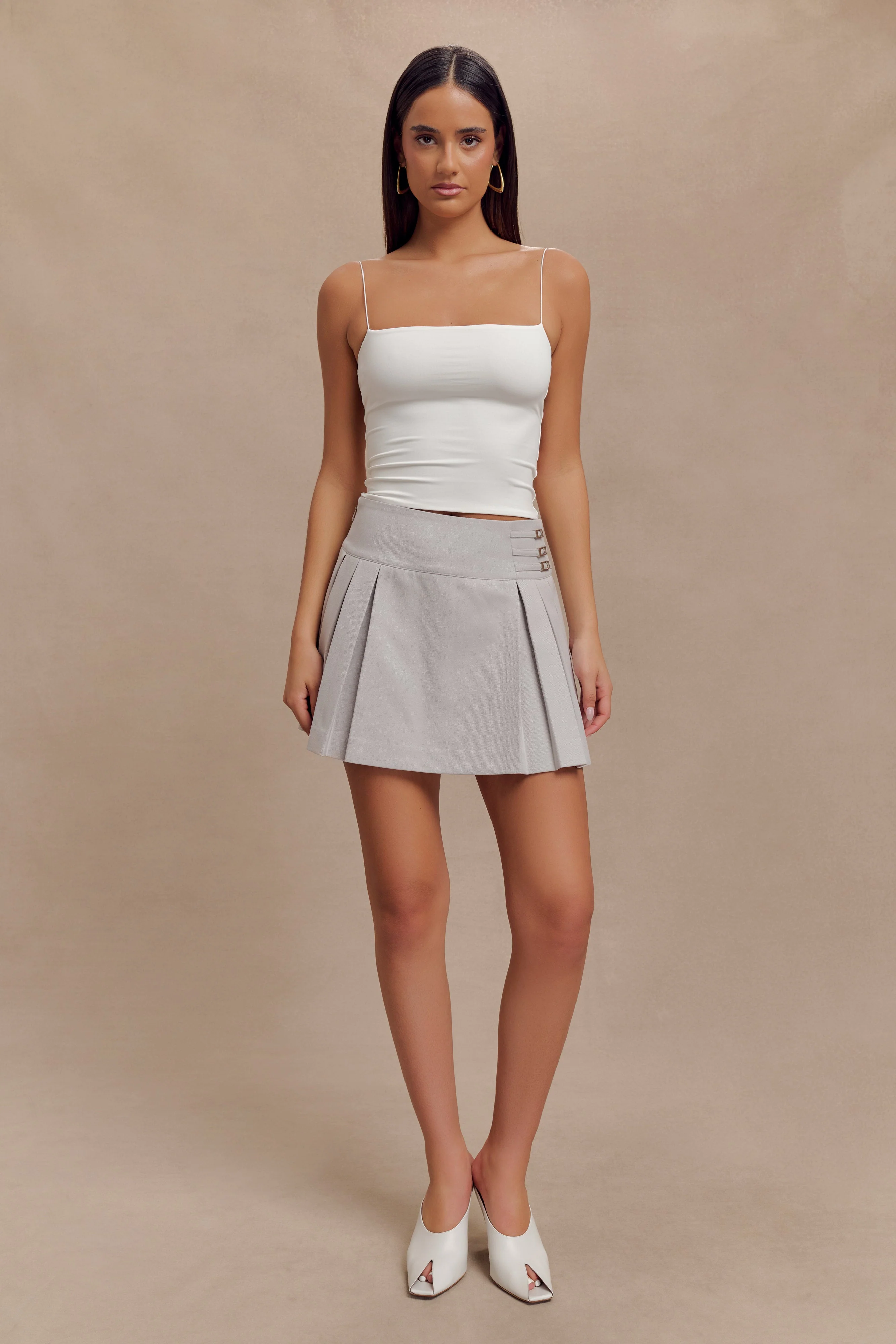 Angie Pleated Buckle Mini Skirt - Grey - Image 4