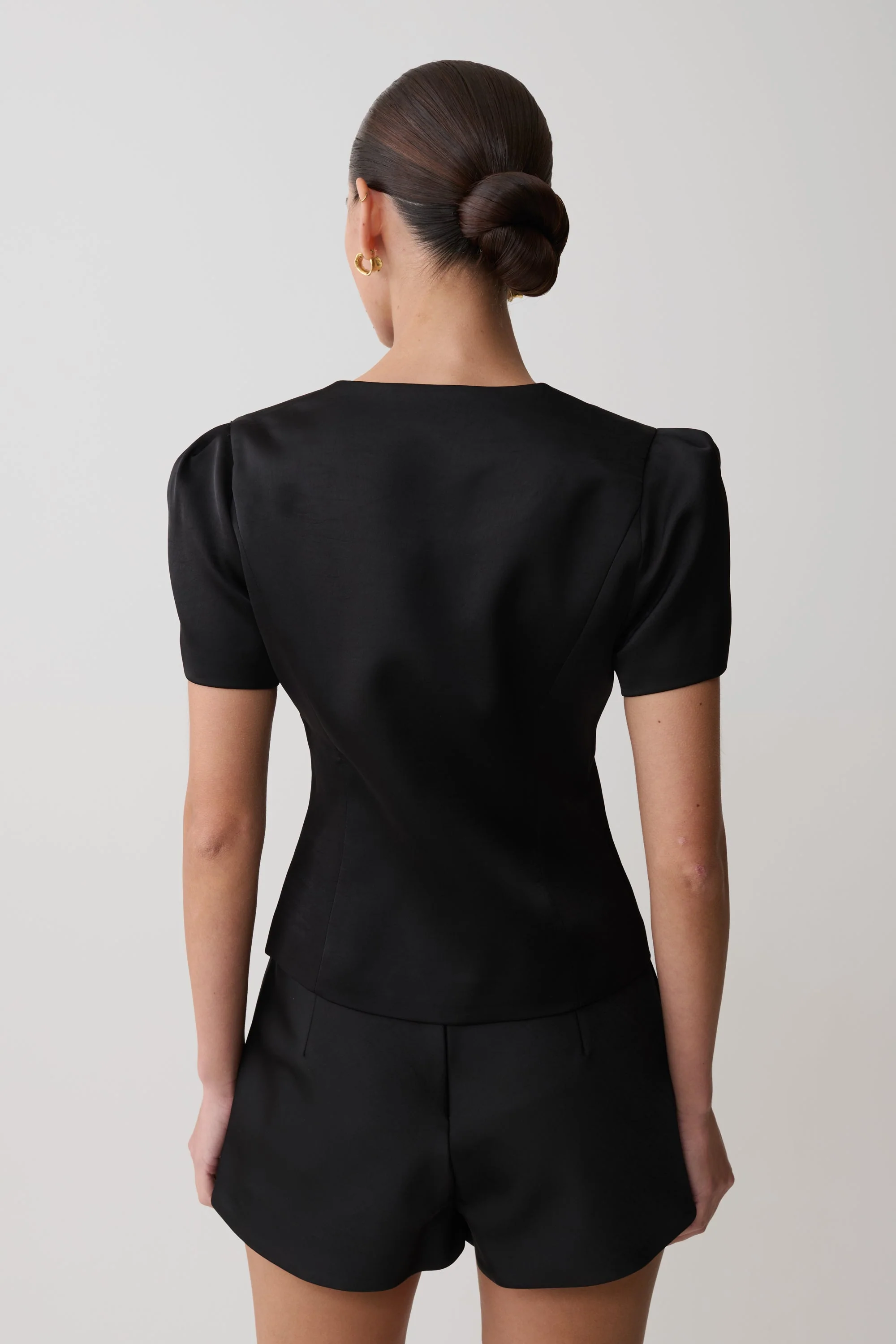 Anne Short Sleeve Satin Top - Black - Image 3