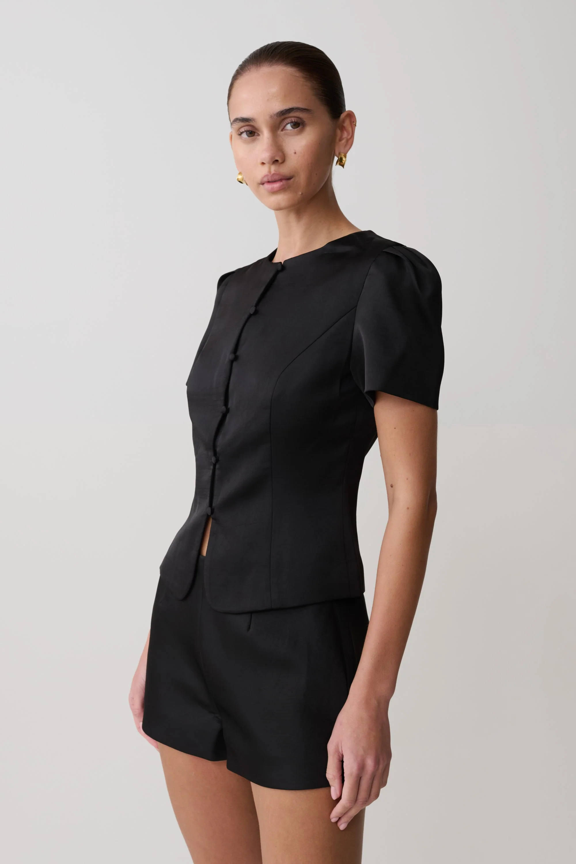 Anne Short Sleeve Satin Top - Black - Image 4