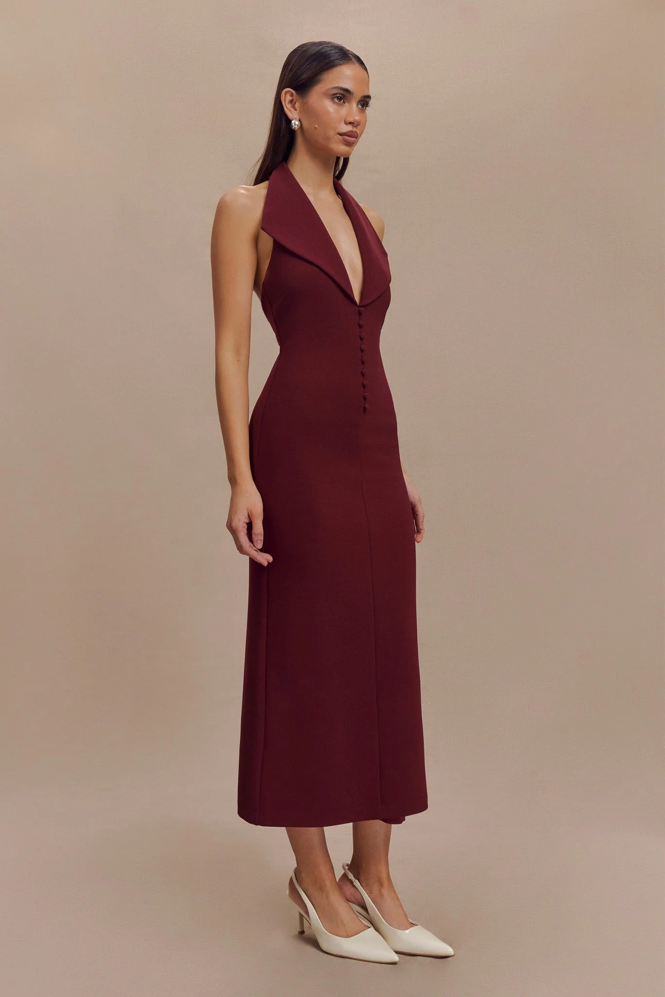 Annita Crepe Halter Midi Dress - Merlot - Image 3