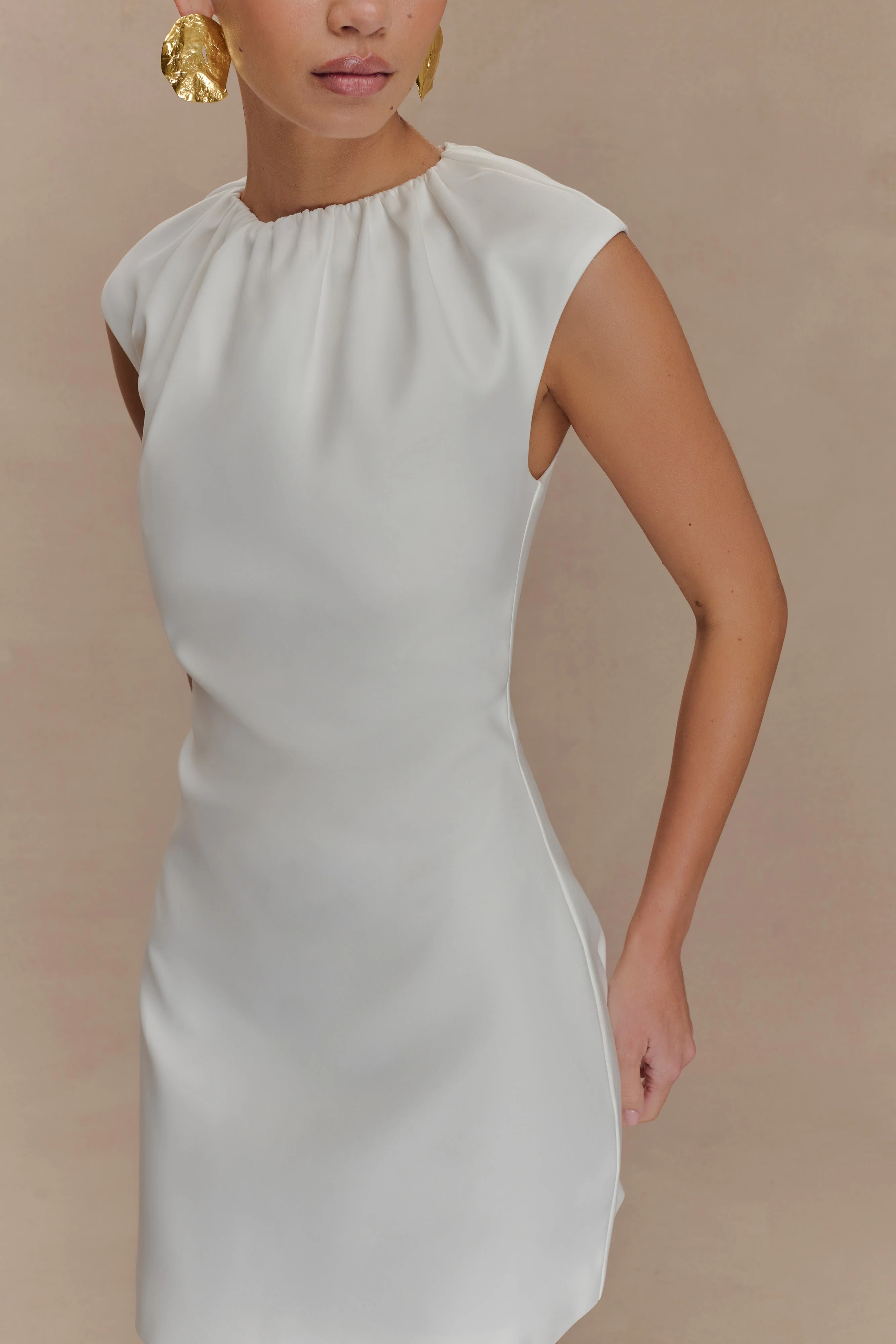 Ariana Pleated Neck Mini Dress - Ivory - Image 4