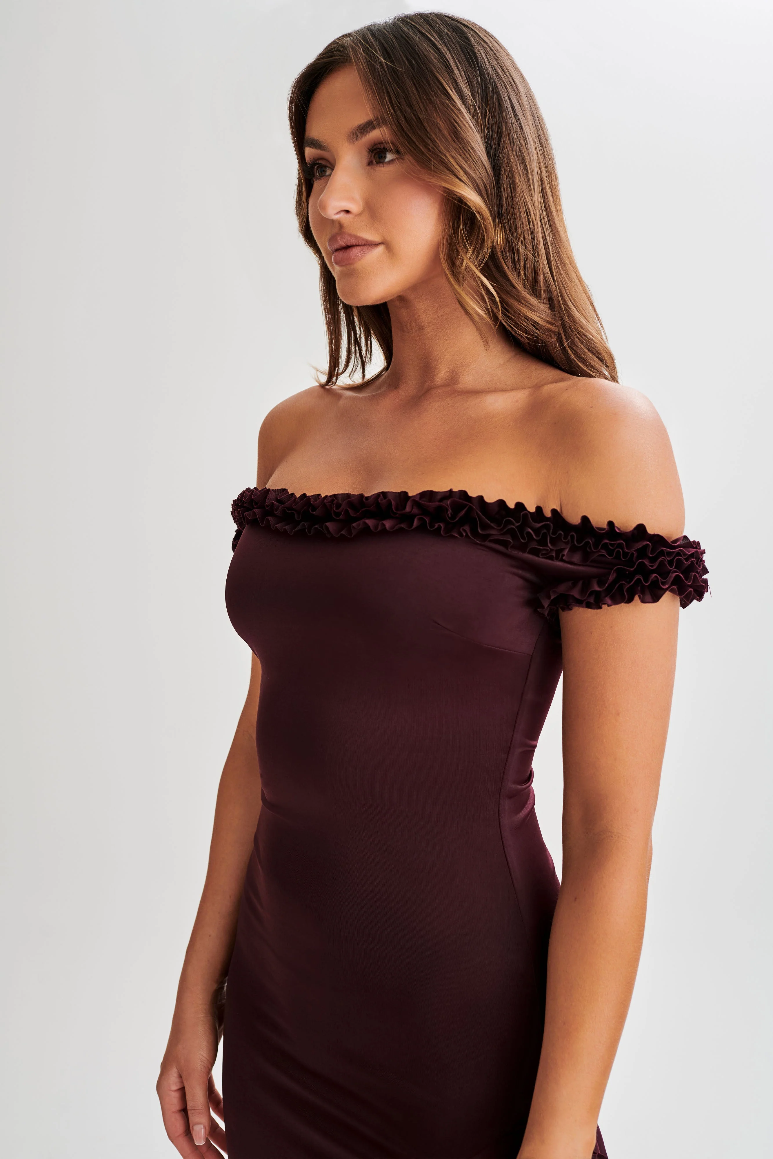 Arielle Off Shoulder Ruffle Midi Dress - Plum - Image 4