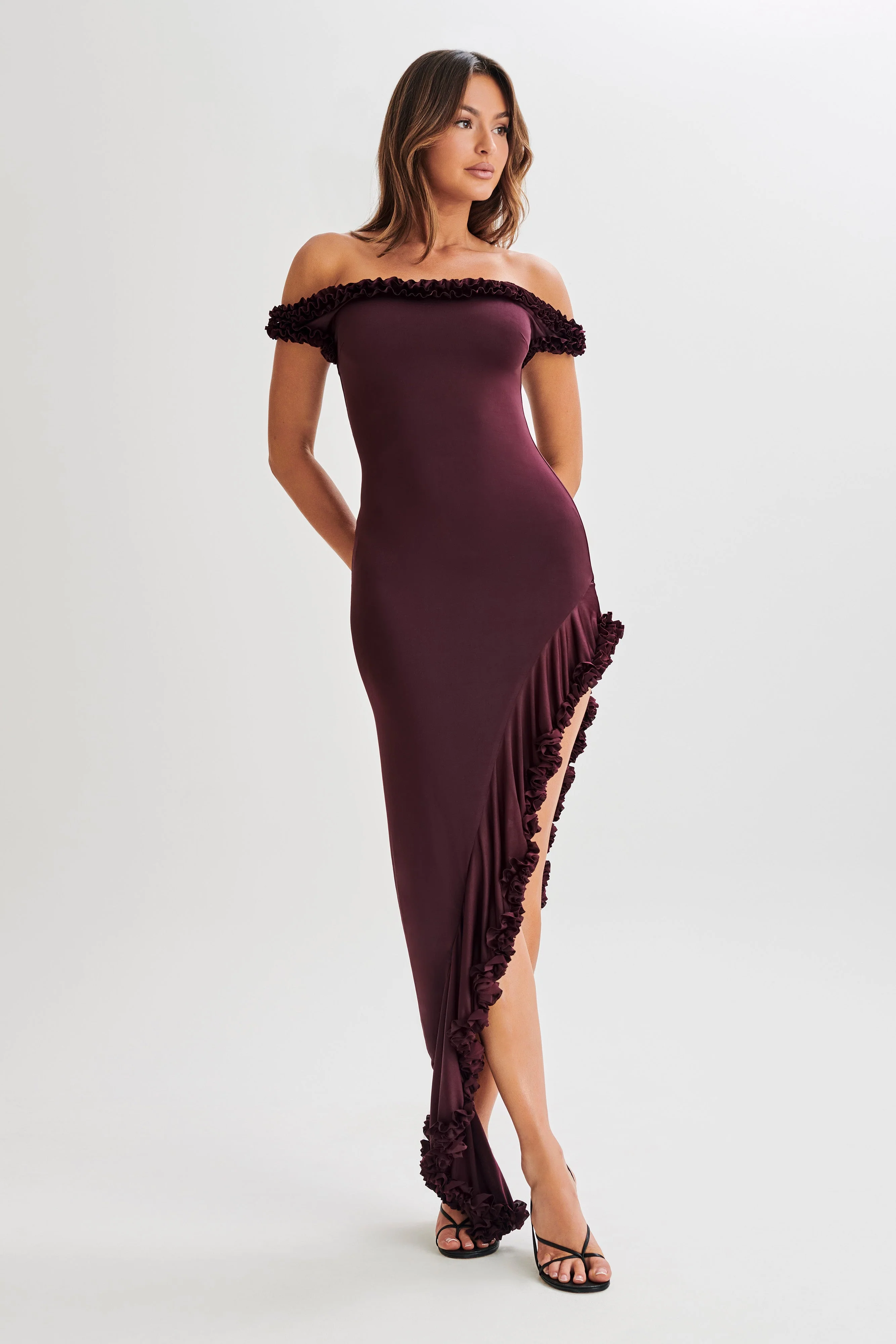 Arielle Off Shoulder Ruffle Midi Dress - Plum - Image 8