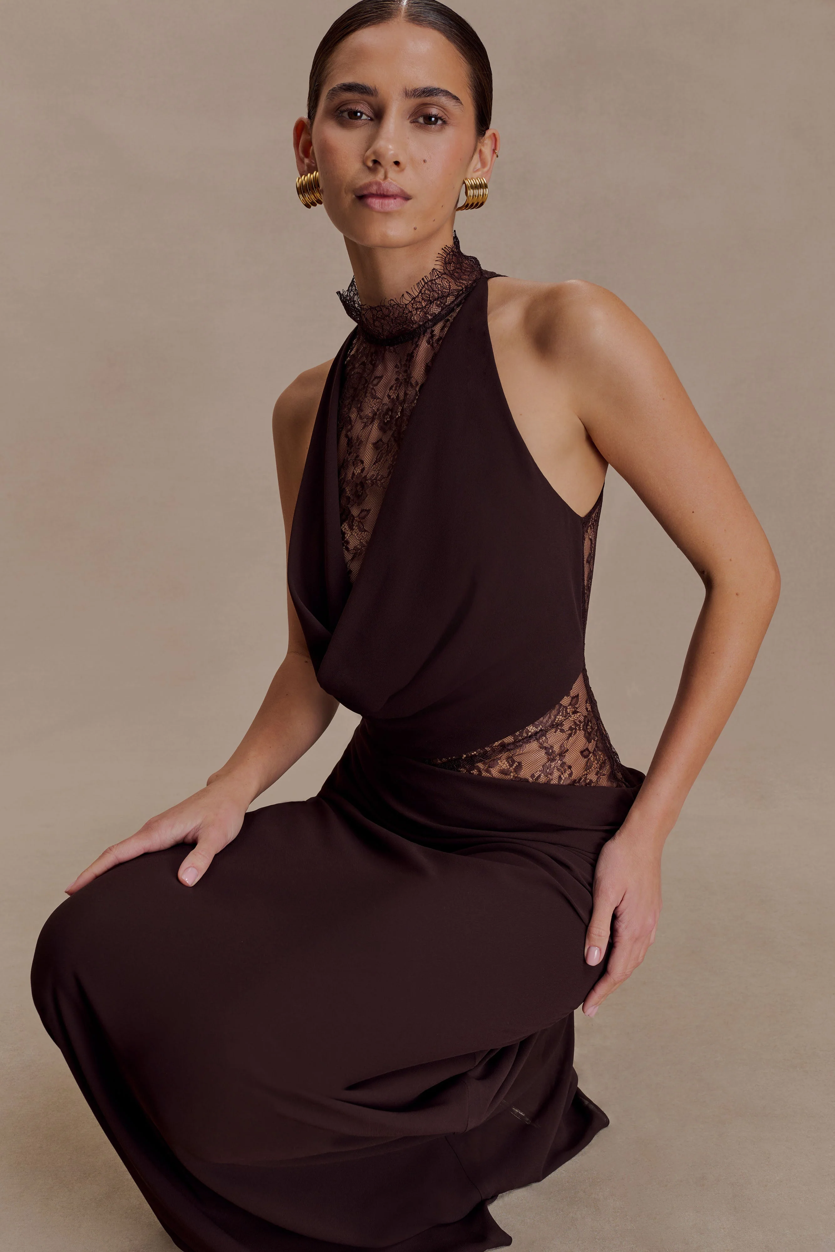 Arra Chiffon And Lace Halter Maxi Dress - Cacao Brown - Image 6