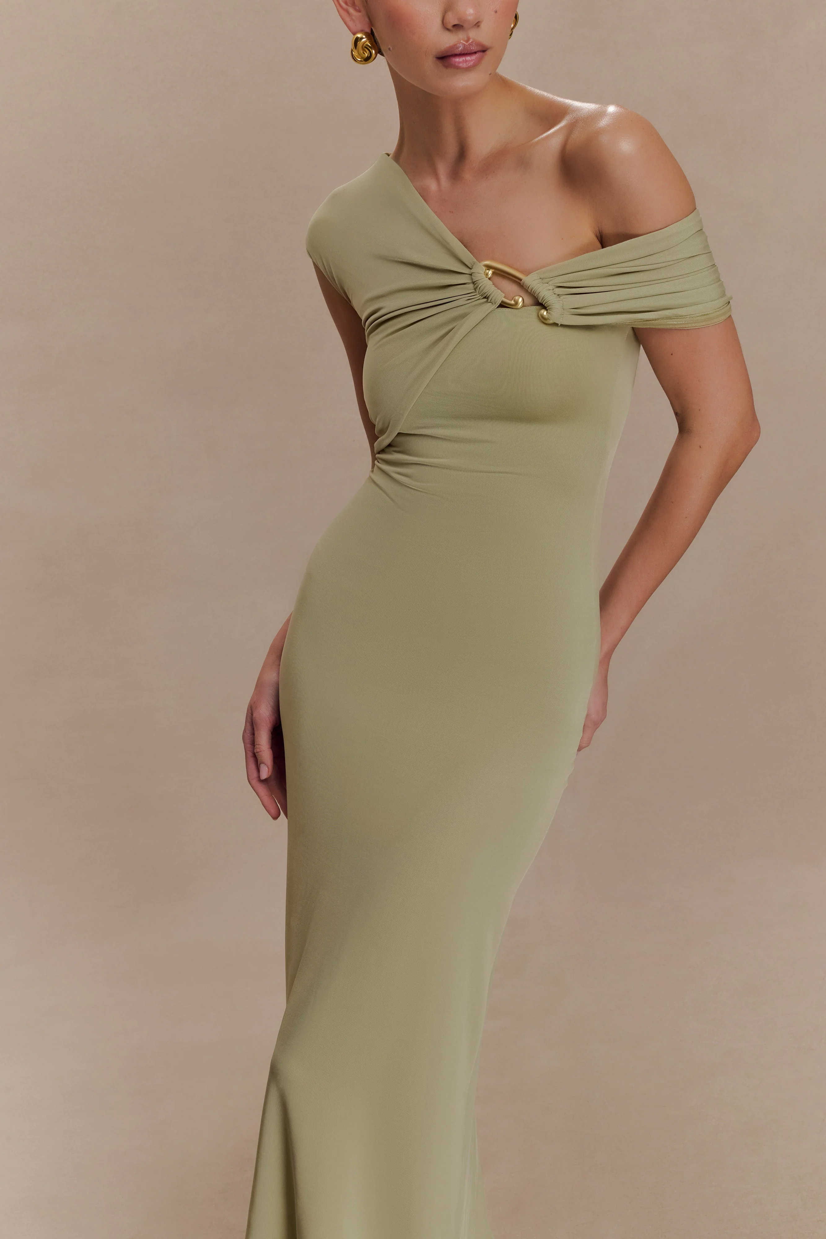 Ashford Asymmetrical Slinky Maxi Dress - Sage - Image 3