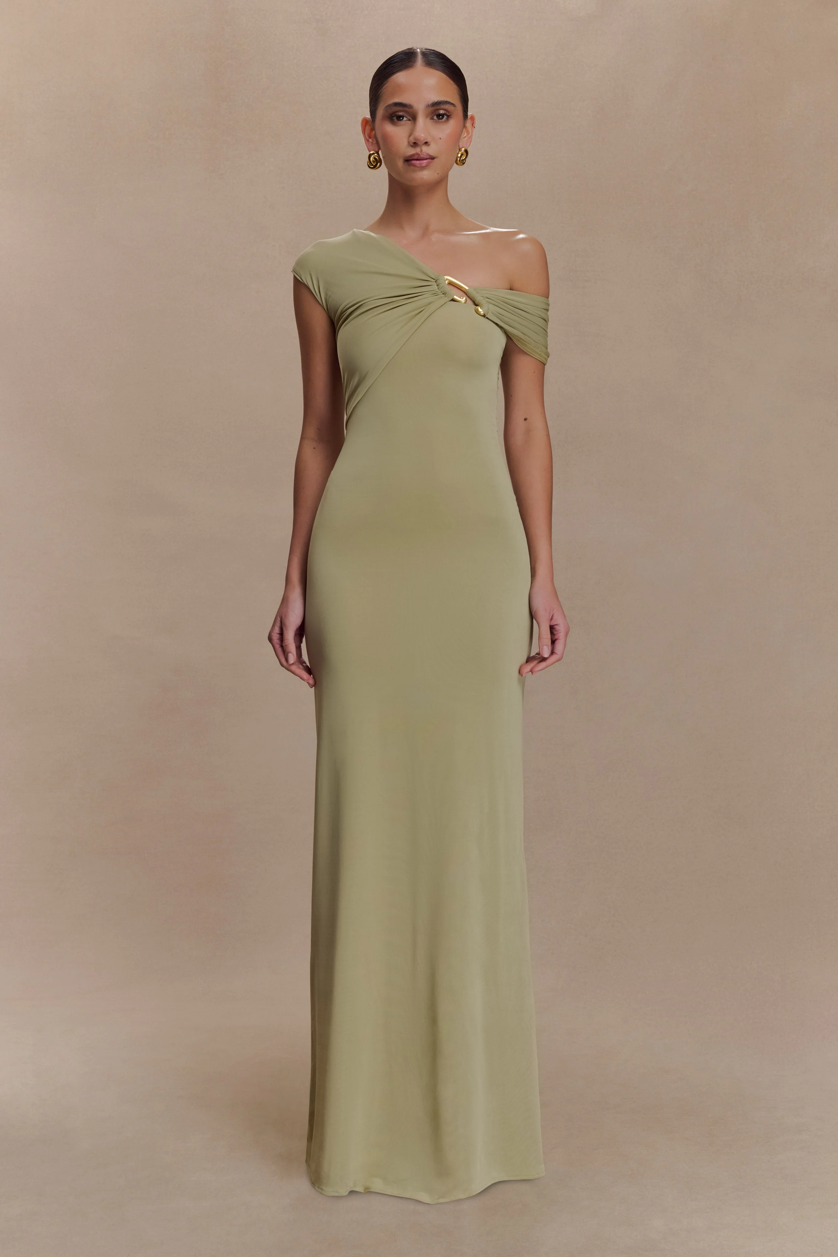 Ashford Asymmetrical Slinky Maxi Dress - Sage - Image 4