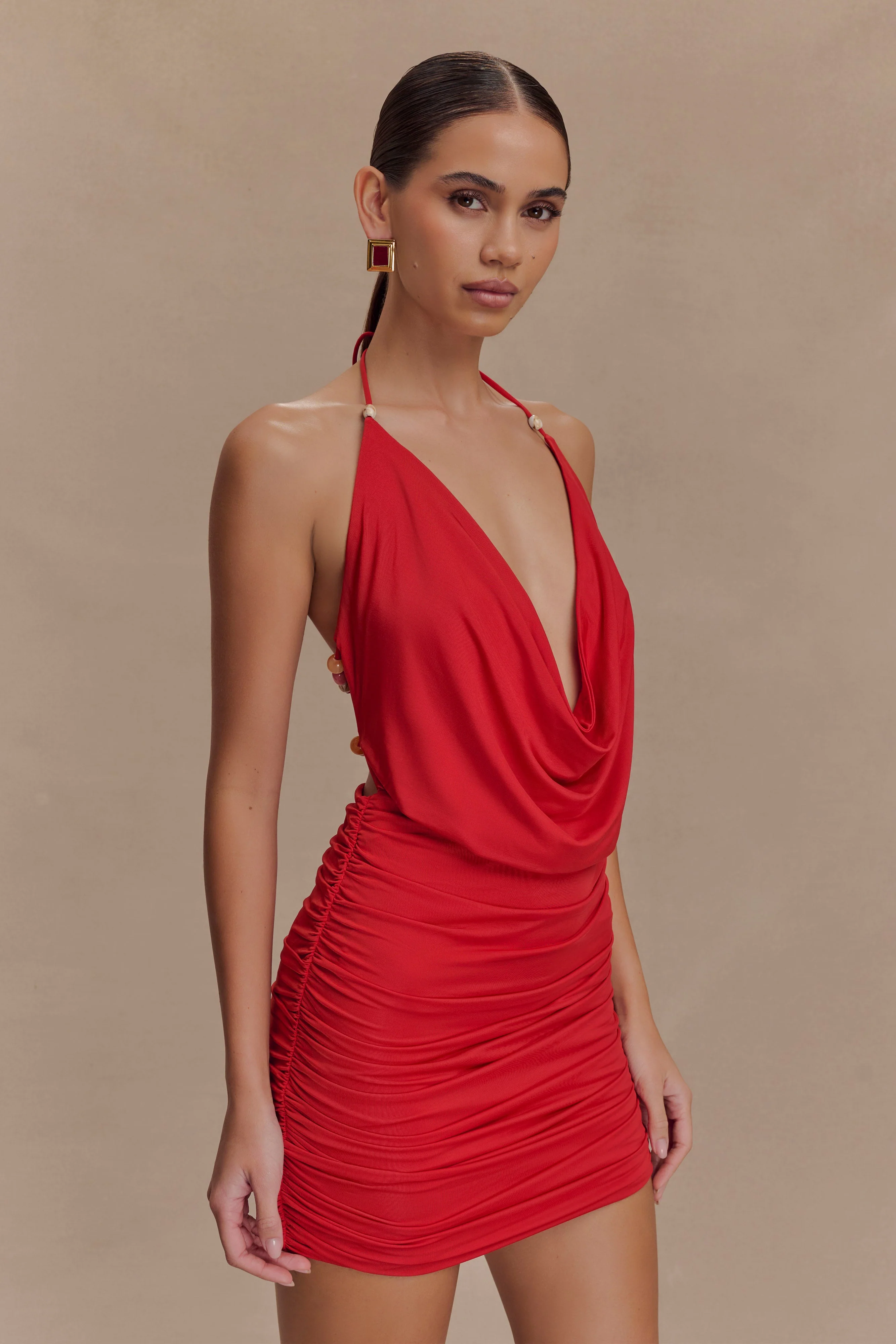 Astraeus Beaded Cowl Mini Dress - Desert Red - Image 4