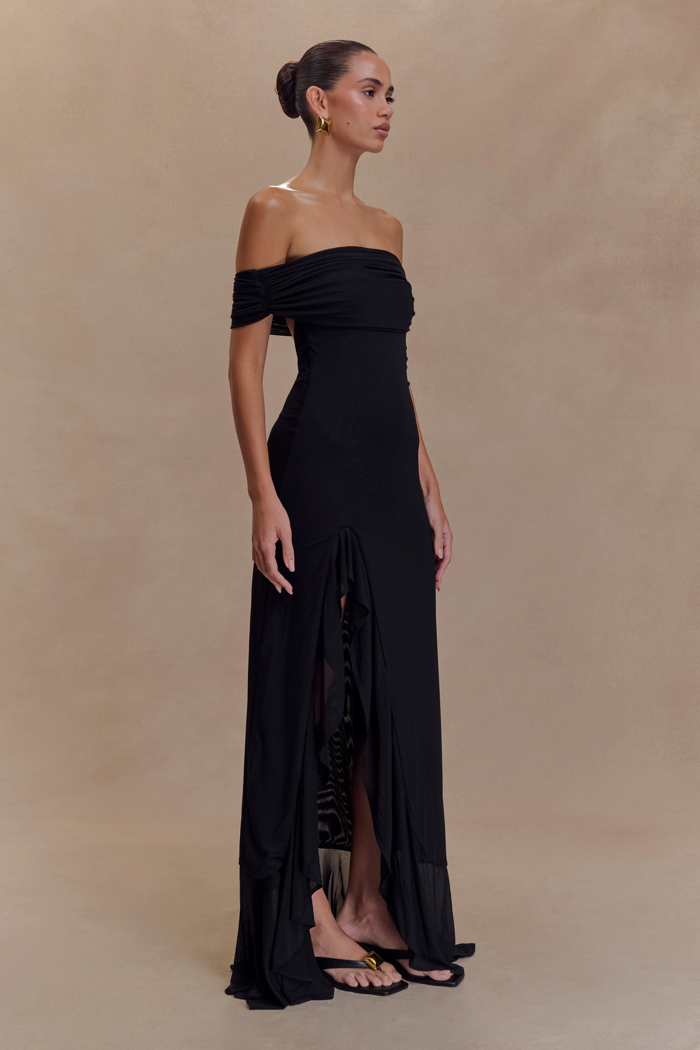 Audrey Off Shoulder Mesh Maxi Dress - Black - Image 4