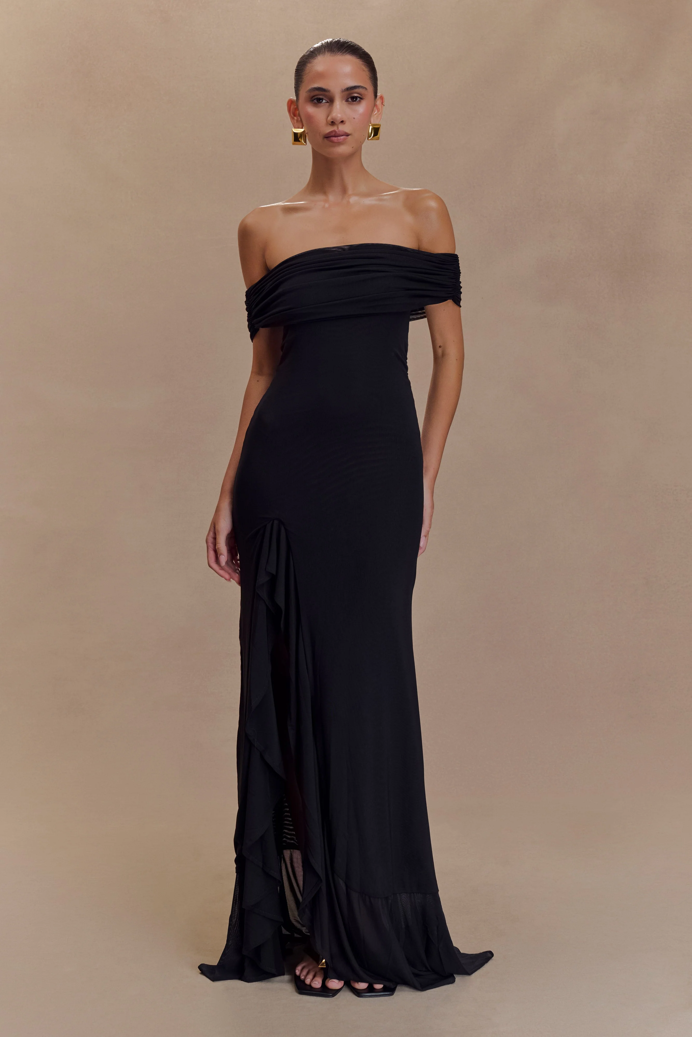 Audrey Off Shoulder Mesh Maxi Dress - Black - Image 5