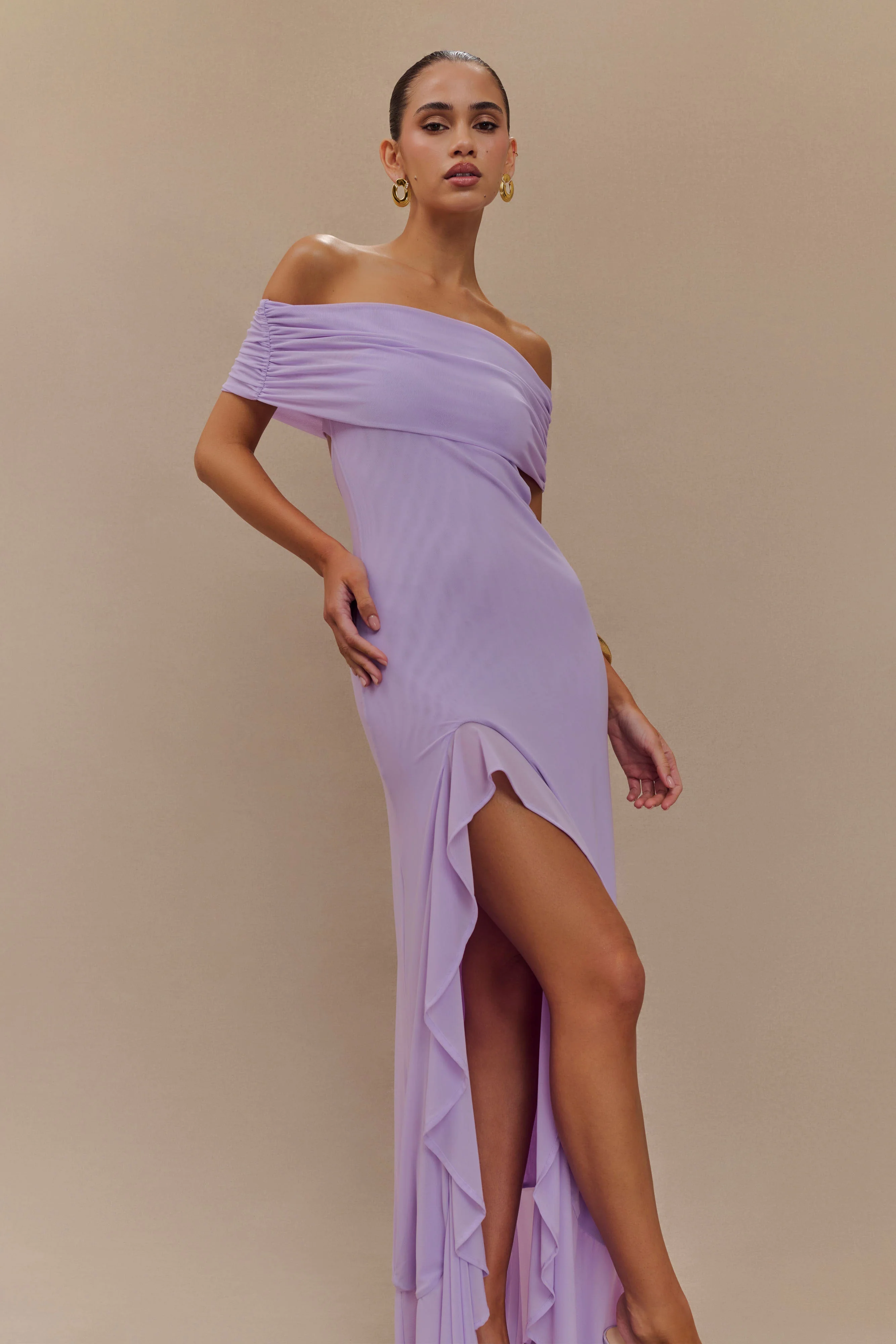 Audrey Off Shoulder Mesh Maxi Dress - Lilac - Image 5