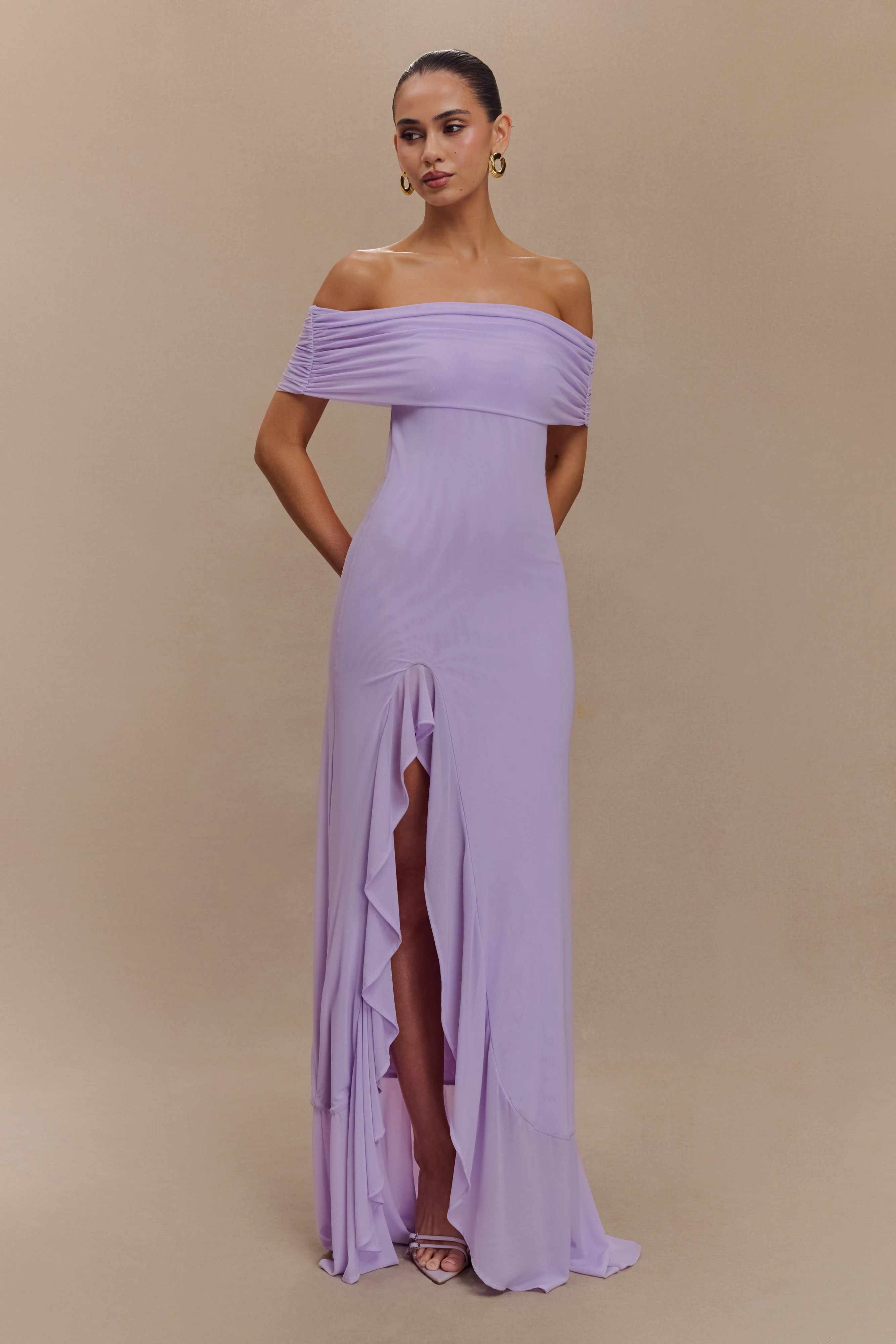 Audrey Off Shoulder Mesh Maxi Dress - Lilac - Image 6