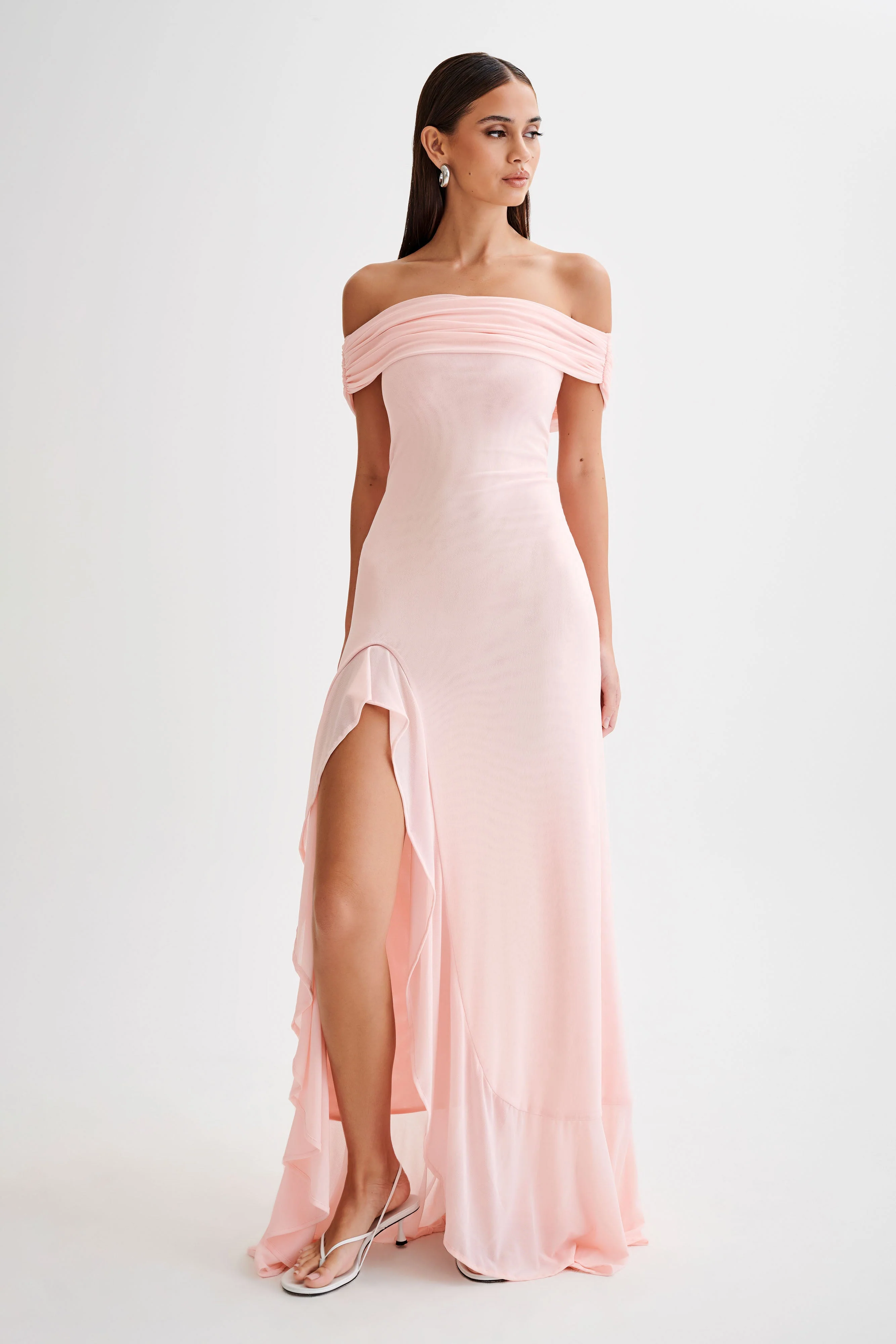 Audrey Off Shoulder Mesh Maxi Dress - Pale Pink - Image 5