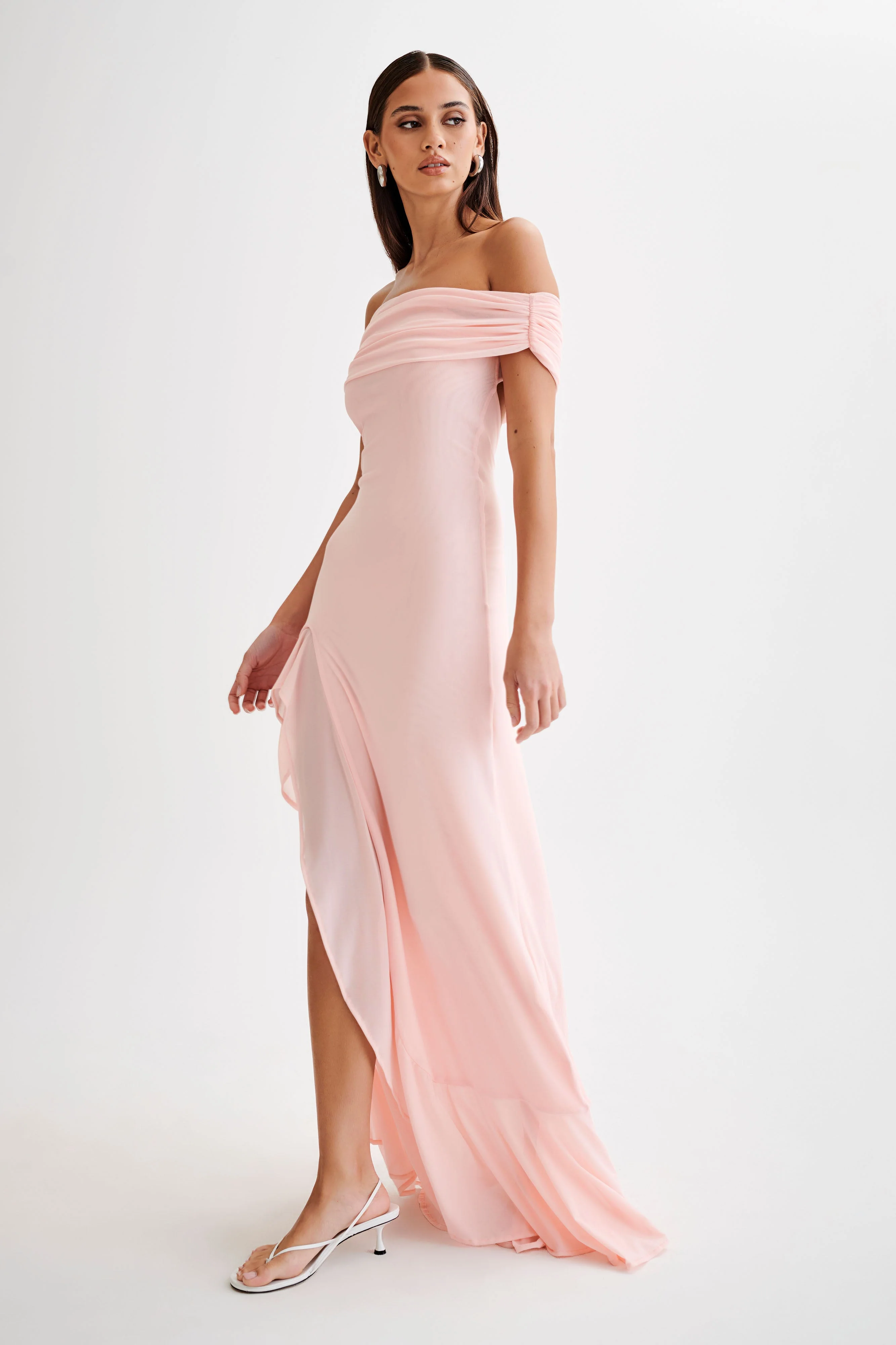 Audrey Off Shoulder Mesh Maxi Dress - Pale Pink - Image 6