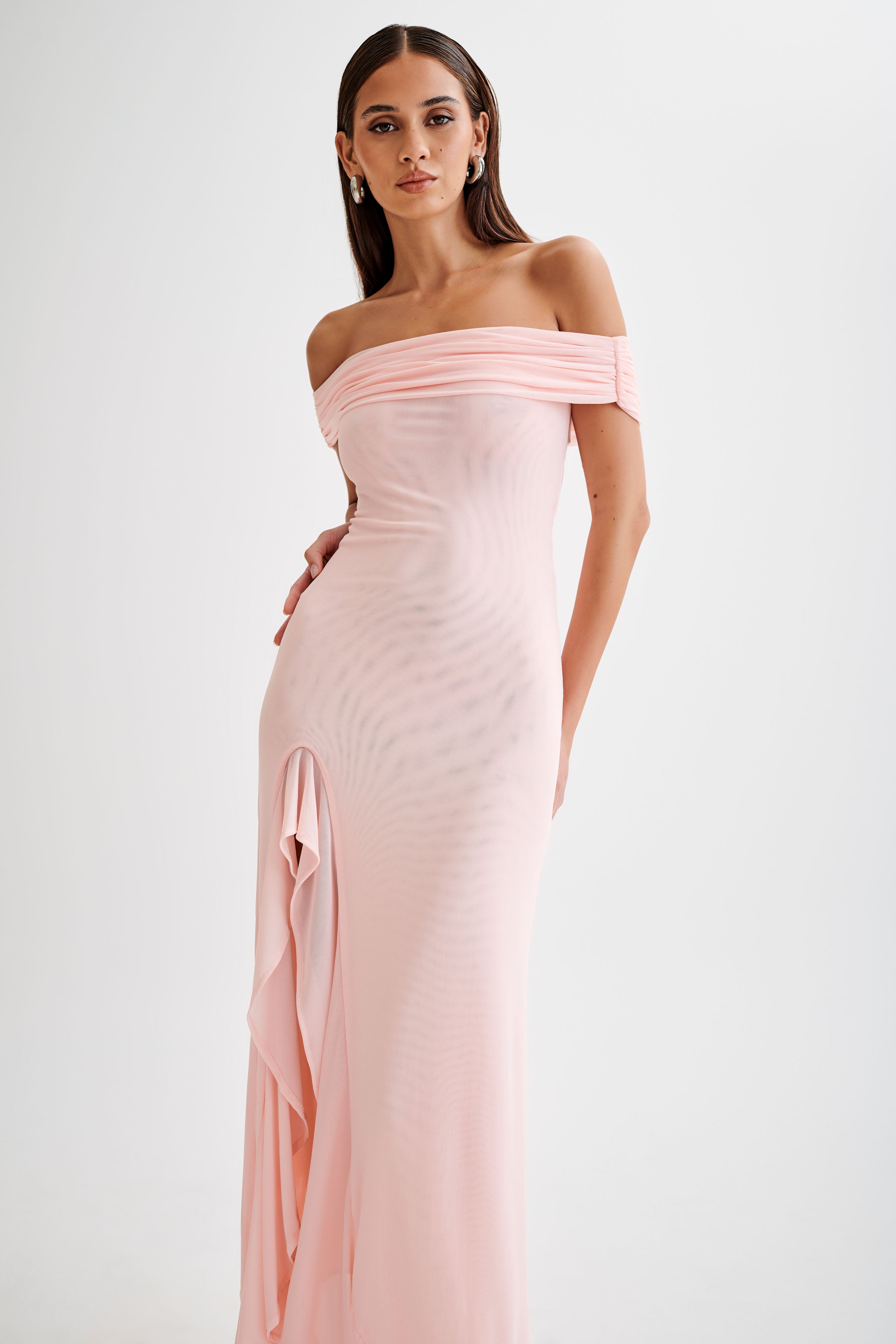 Audrey Off Shoulder Mesh Maxi Dress - Pale Pink - Image 7