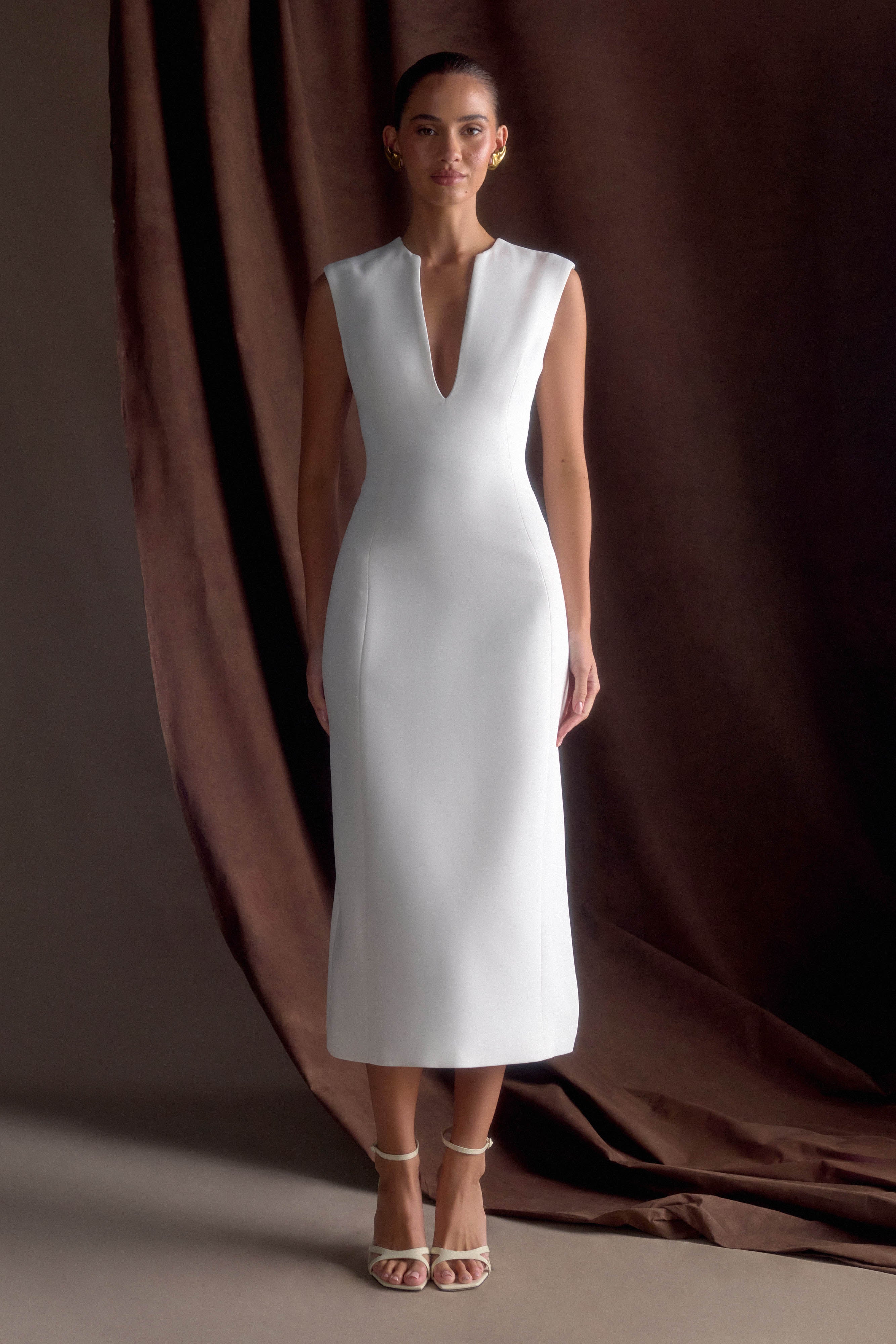 Audrine Suiting Sleeveless Midi Dress - Ivory - Image 7
