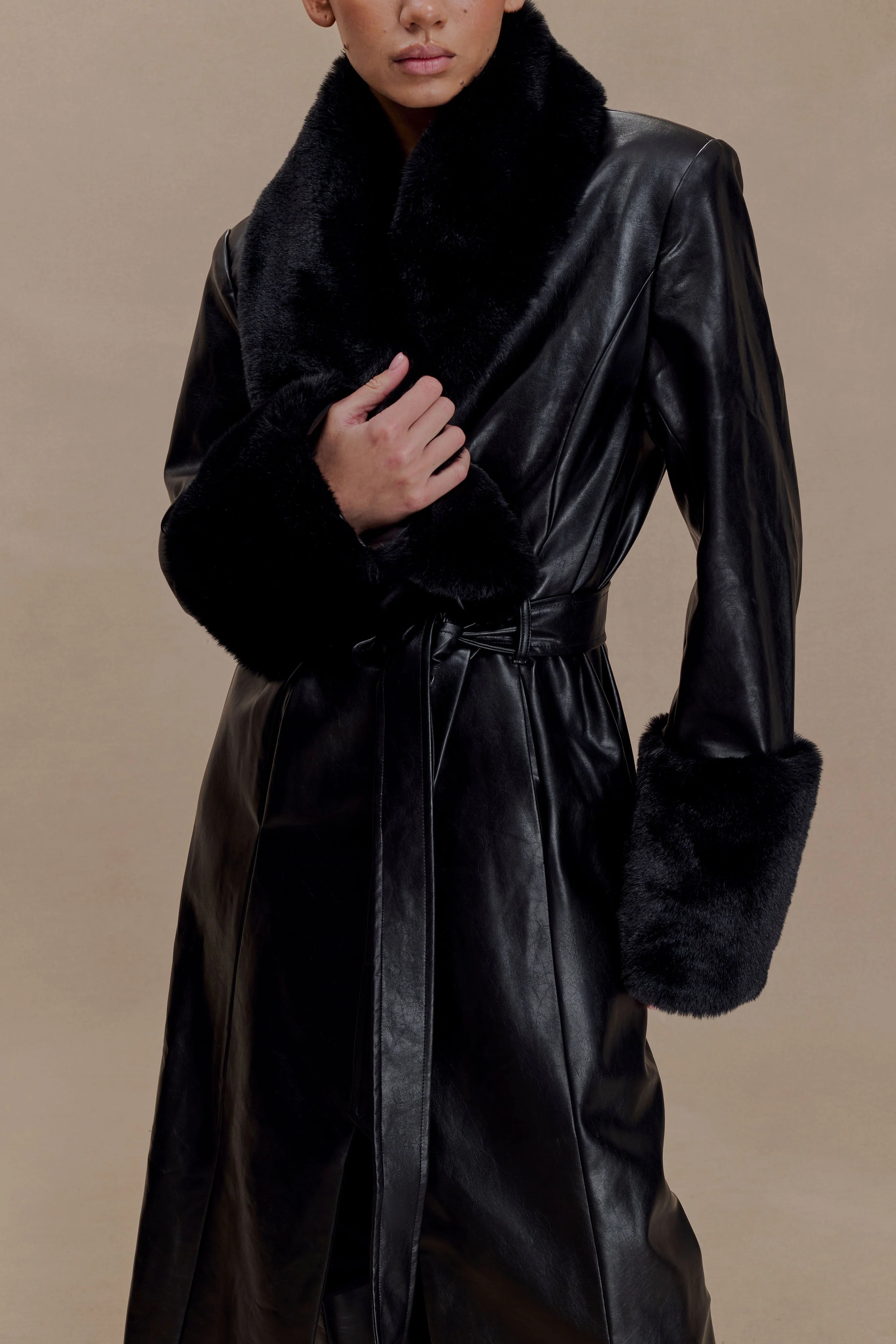 Bec Faux Leather Trench Coat With Faux Fur - Black - Image 3