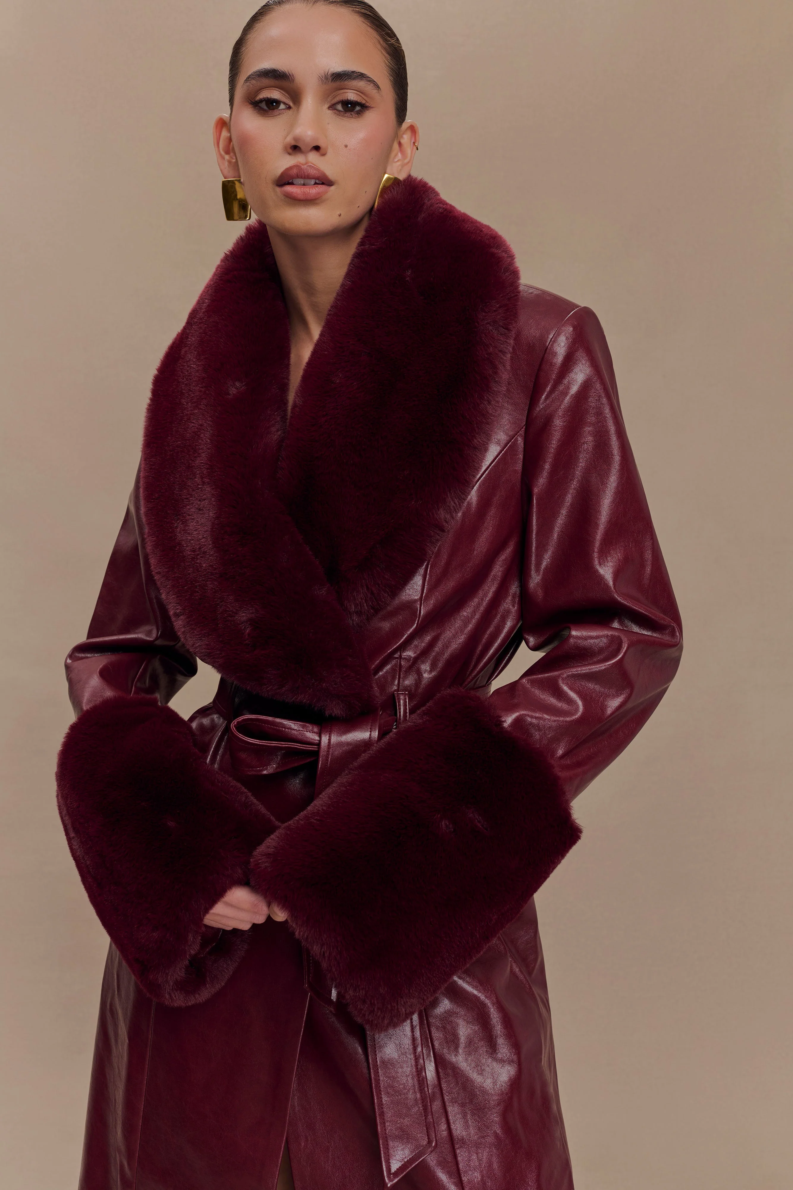 Bec Faux Leather Trench Coat With Faux Fur - Cherry Red - Image 3