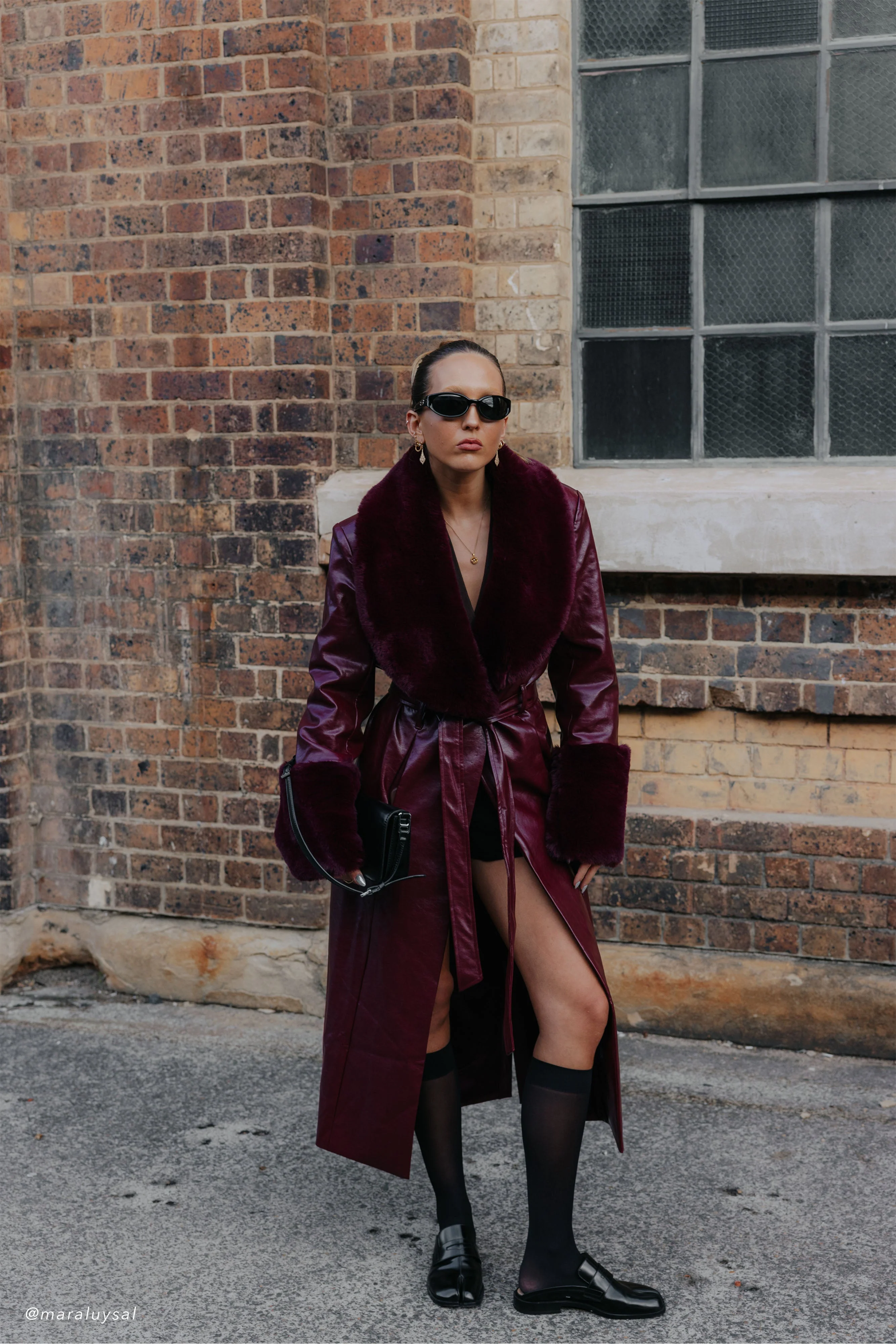 Bec Faux Leather Trench Coat With Faux Fur - Cherry Red - Image 6