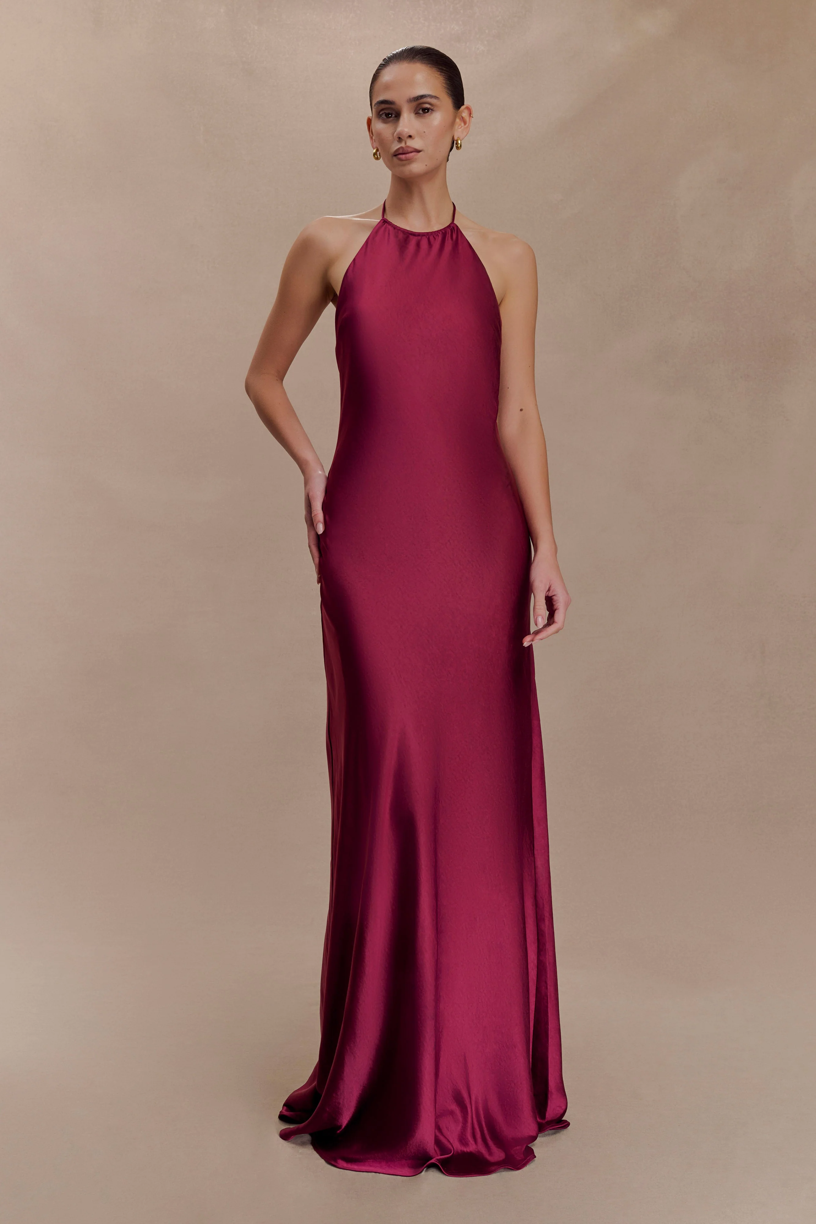 Bella Satin Halter Maxi Dress - Mahogany - Image 3