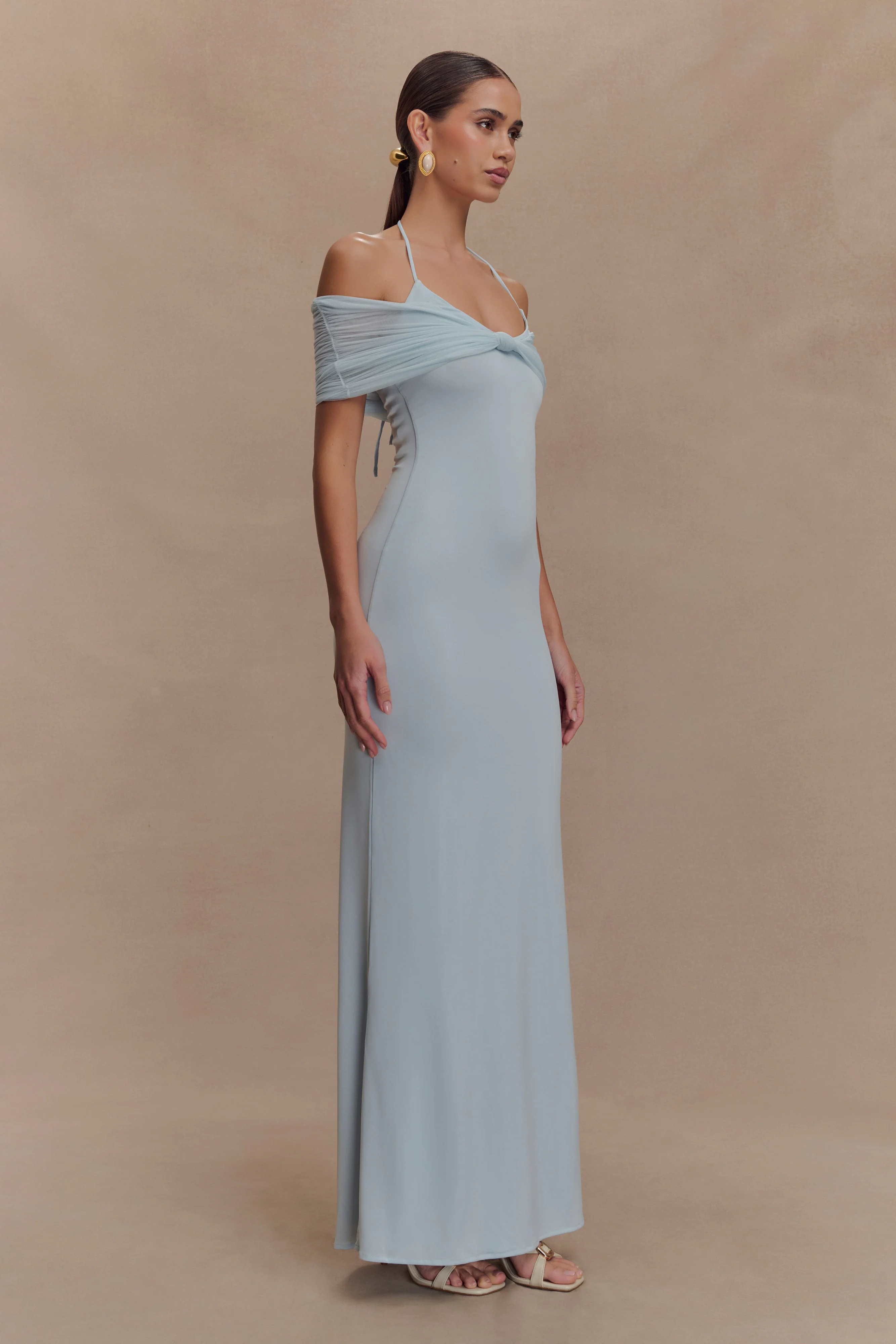 Bernadina Mesh And Slinky Halter Maxi Dress - Pale Blue - Image 4