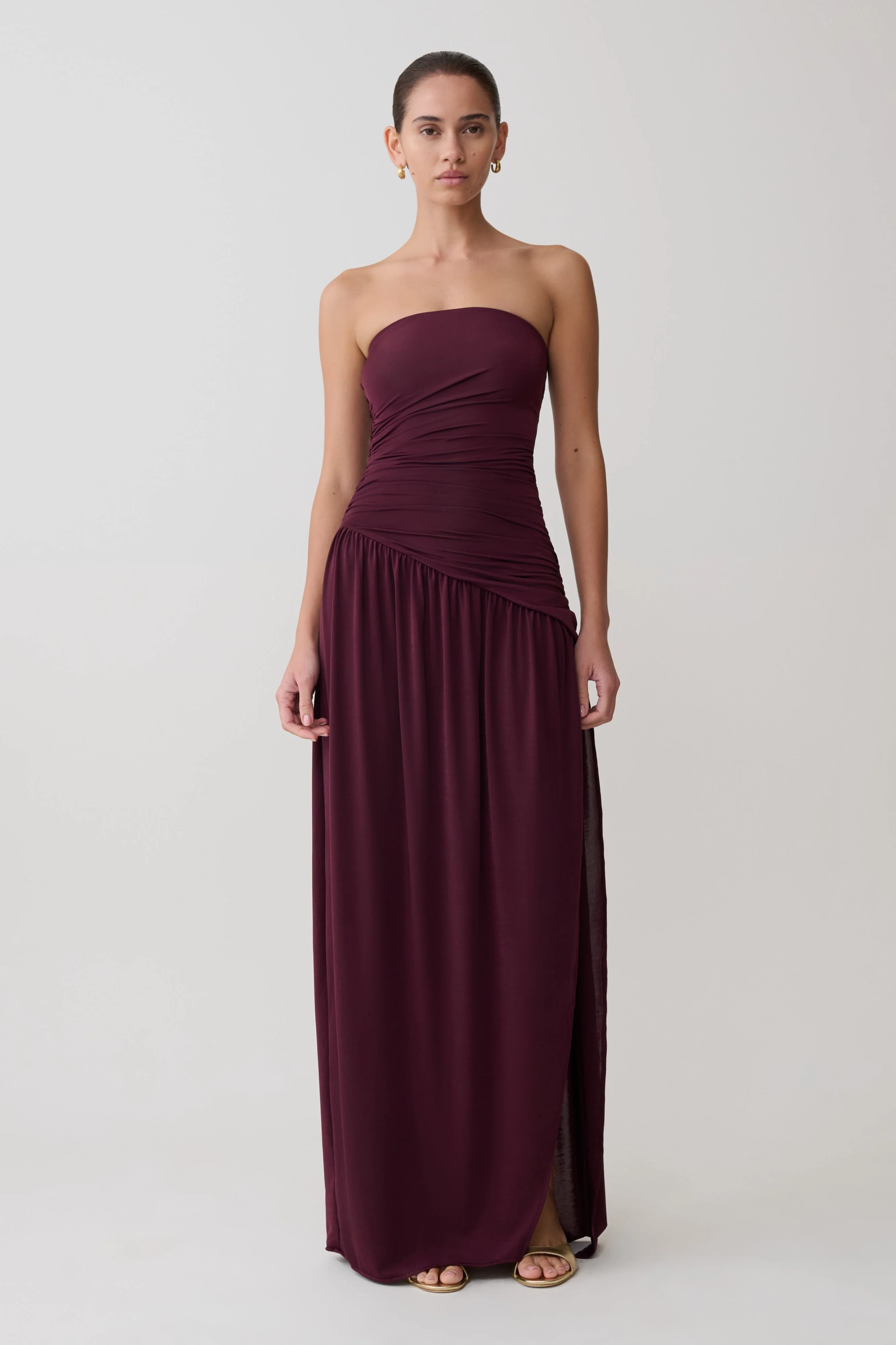 Bex Strapless Slinky Maxi Dress With Split - Burgundy - Image 4