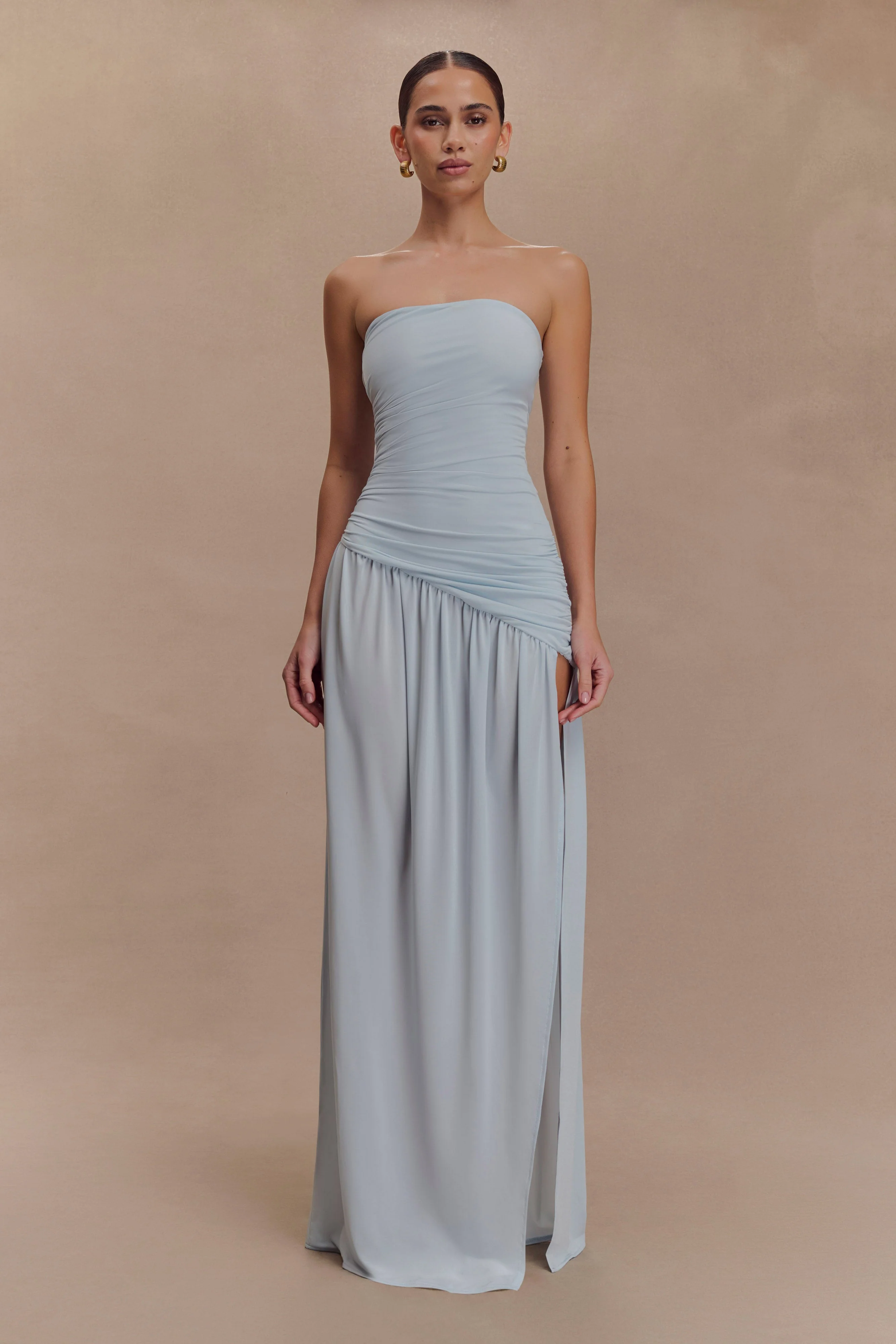 Bex Strapless Slinky Maxi Dress With Split - Pale Blue - Image 2