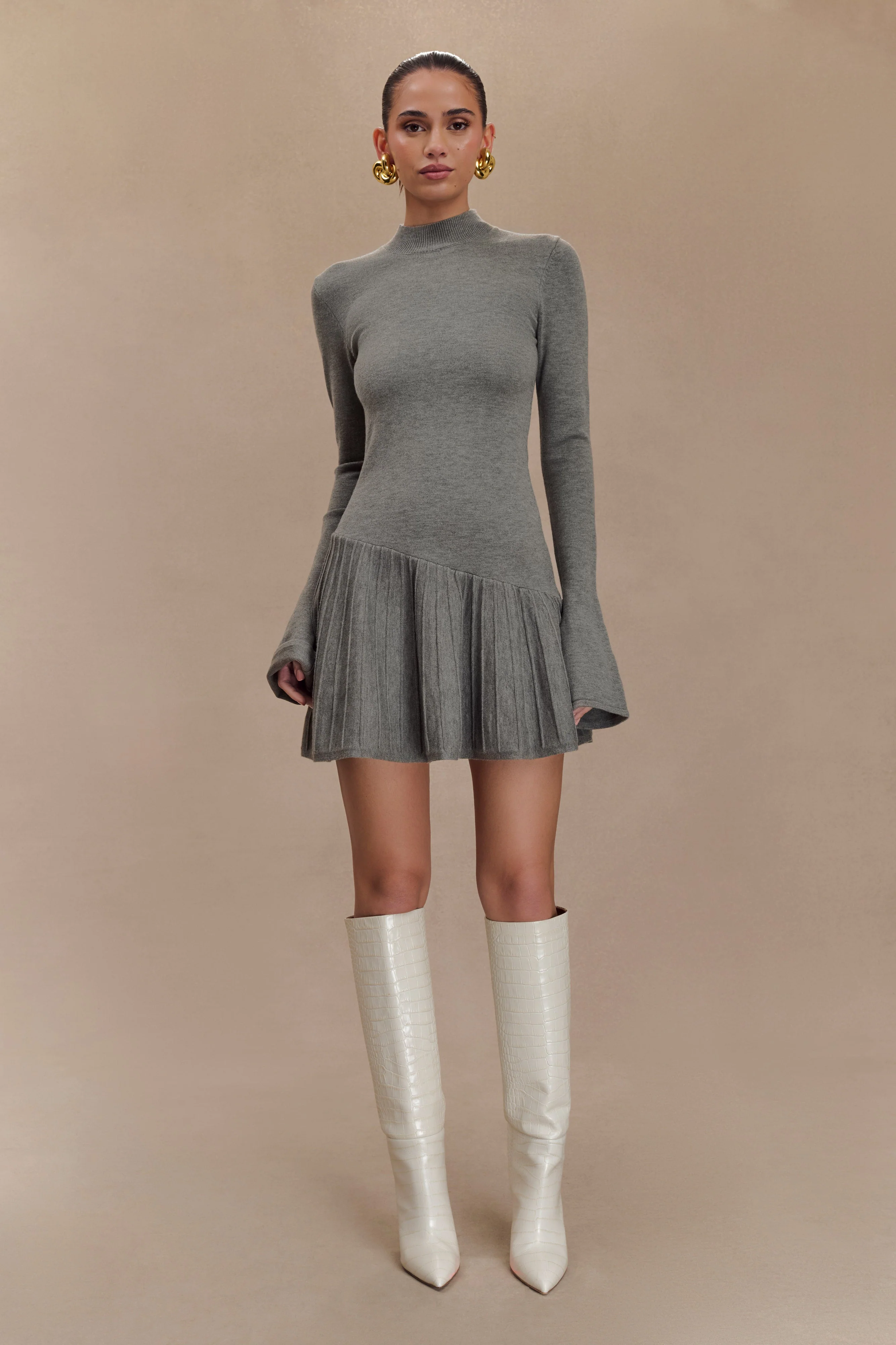 Blair Knit Mini Dress With Pleats - Charcoal - Image 3
