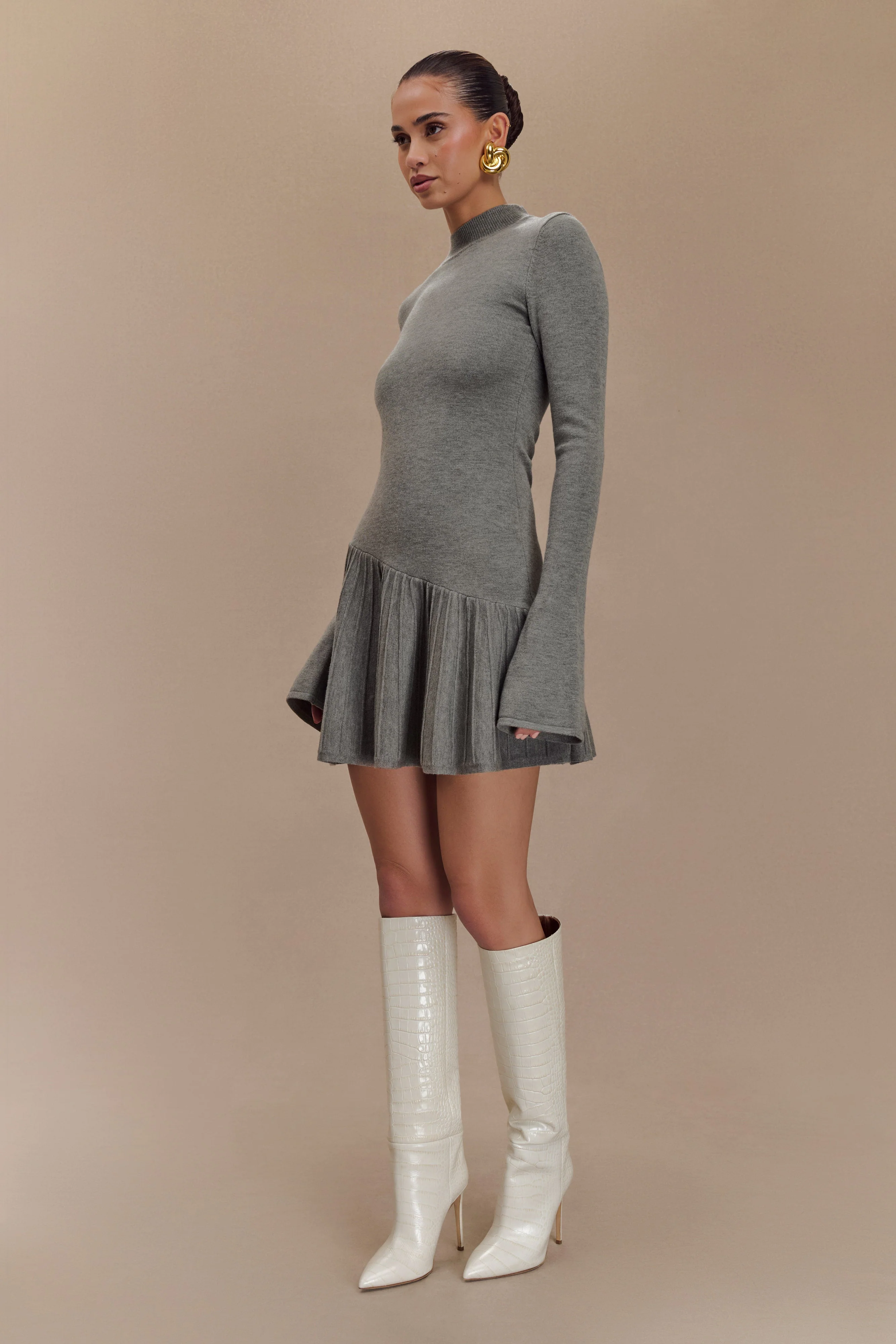 Blair Knit Mini Dress With Pleats - Charcoal - Image 6