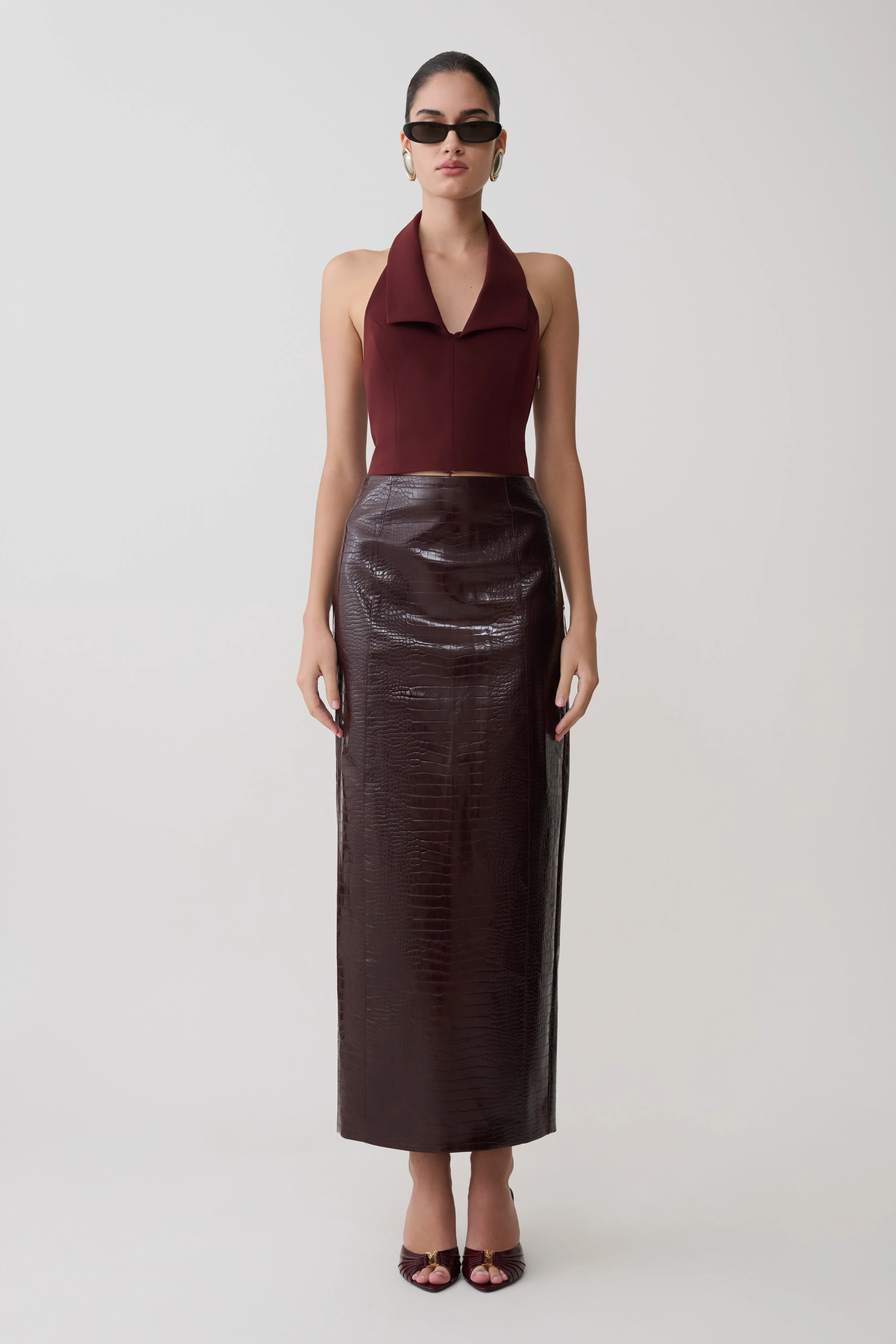 Calla Collared Sleeveless Halter Top - Merlot - Image 7