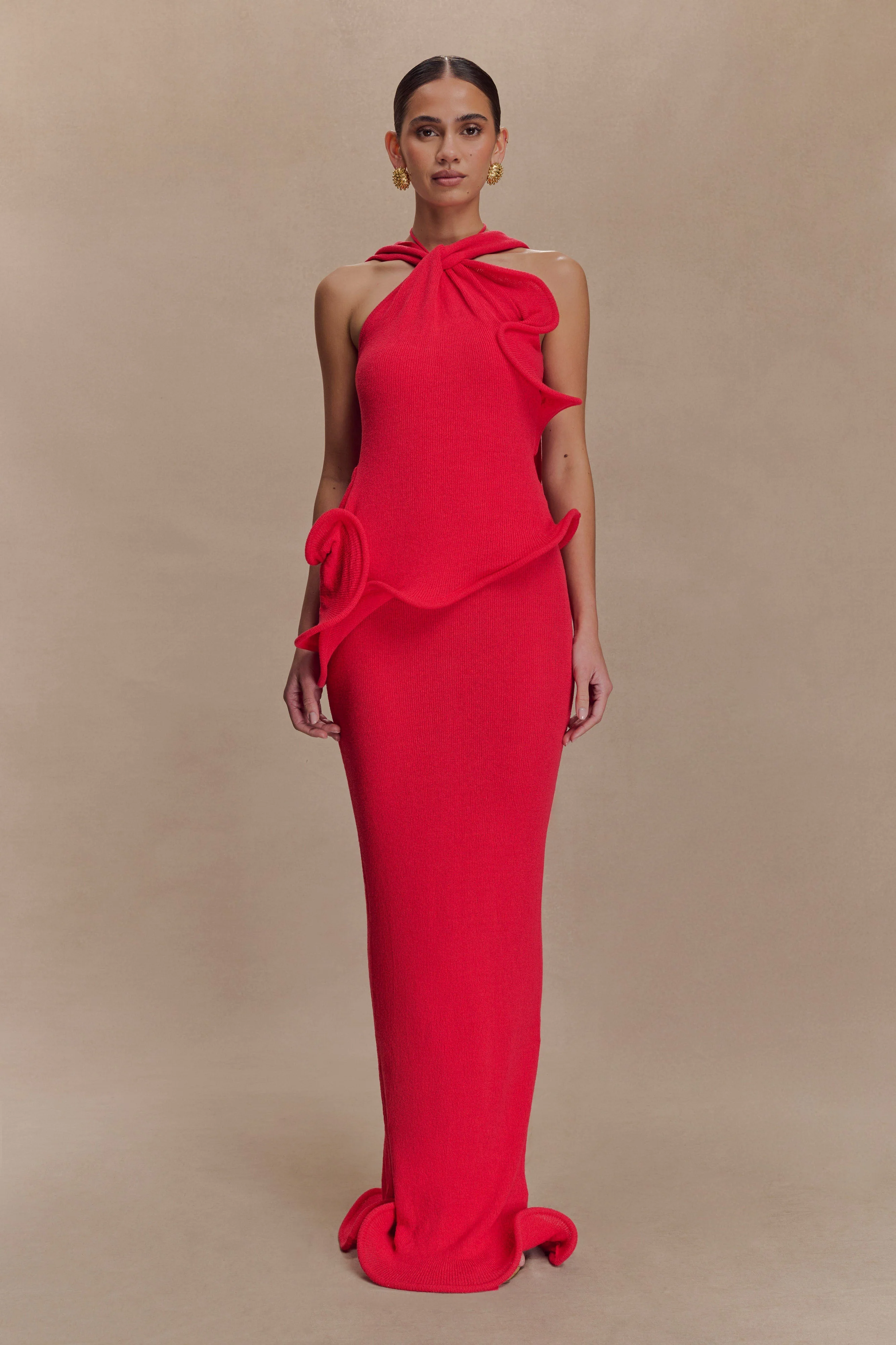 Caprice Halter Knit Maxi Dress - Red - Image 2