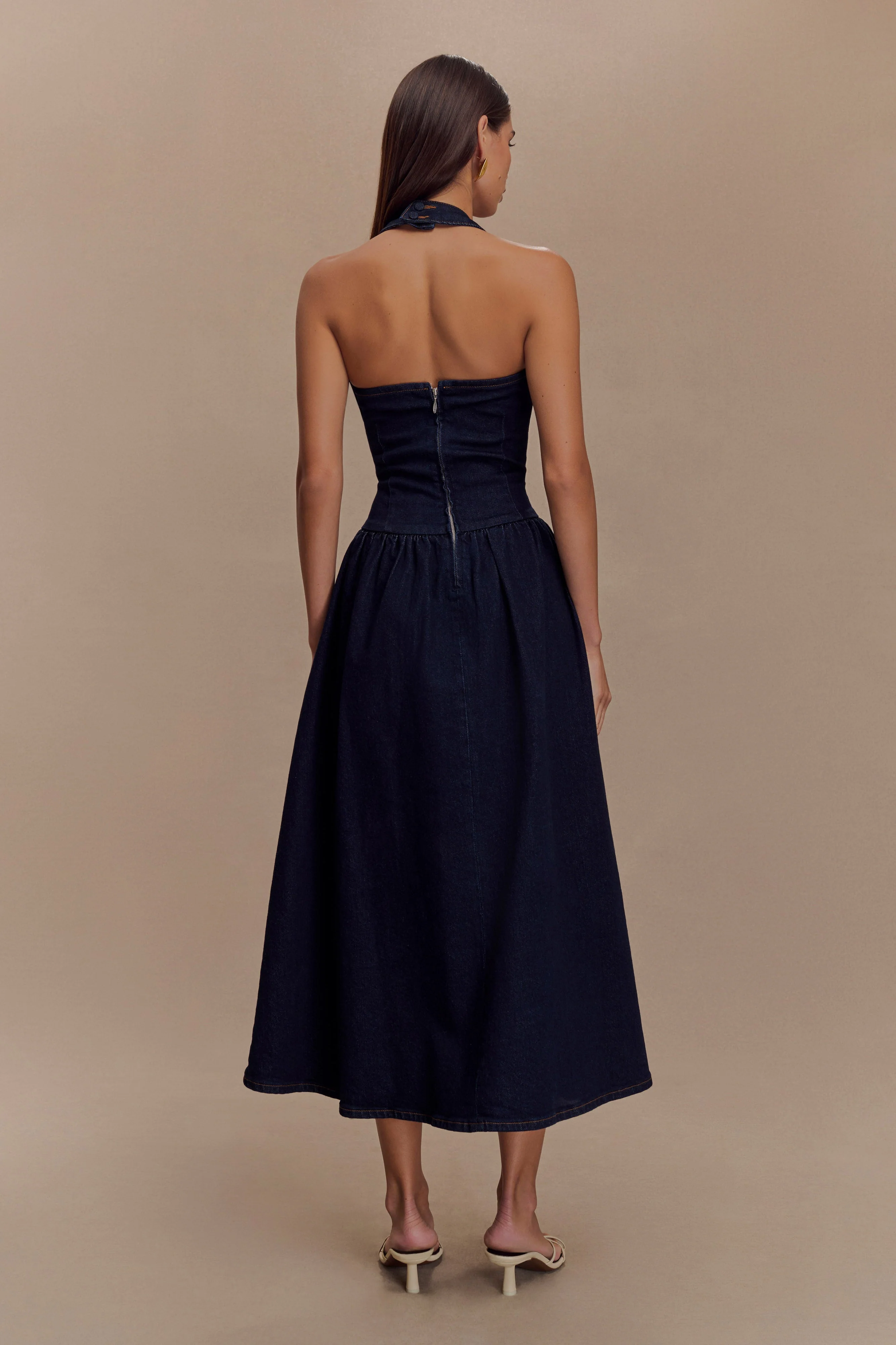 Caroline Denim Halter Midi Dress - Indigo Blue - Image 3