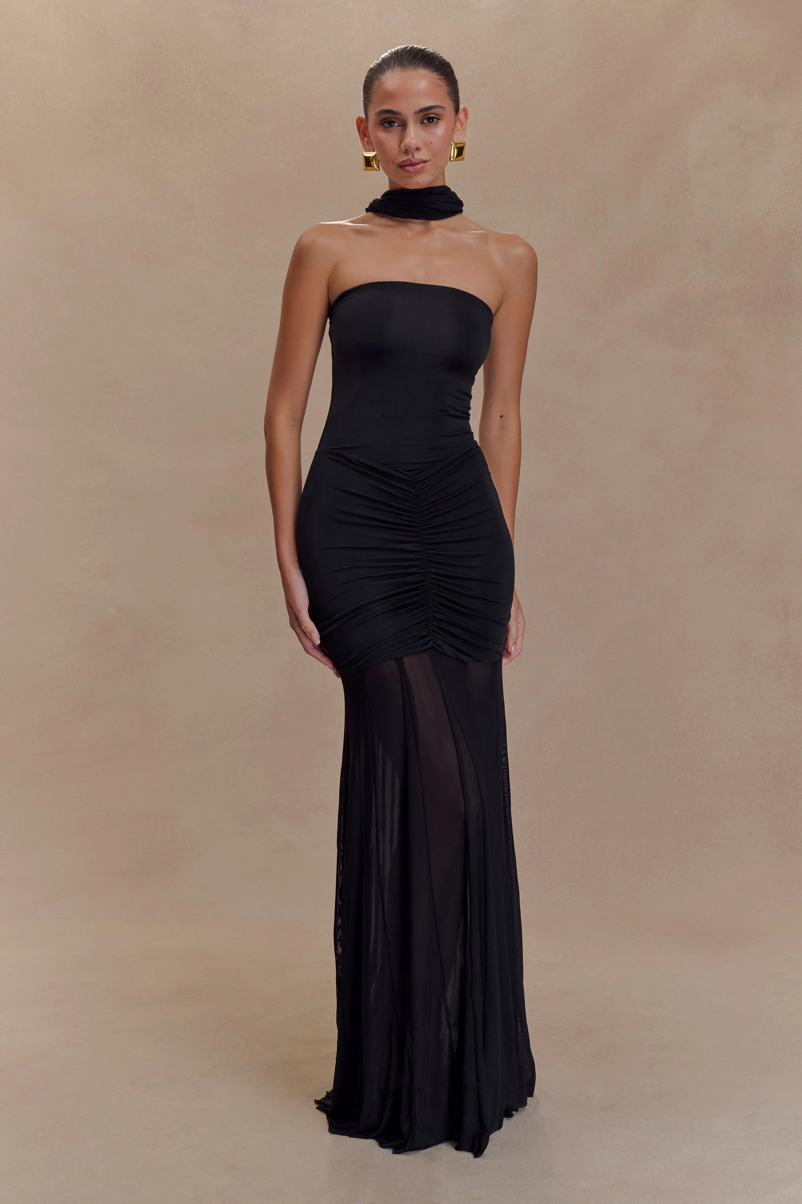 Caspian Slinky And Mesh Off Shoulder Maxi Dress - Black - Image 5