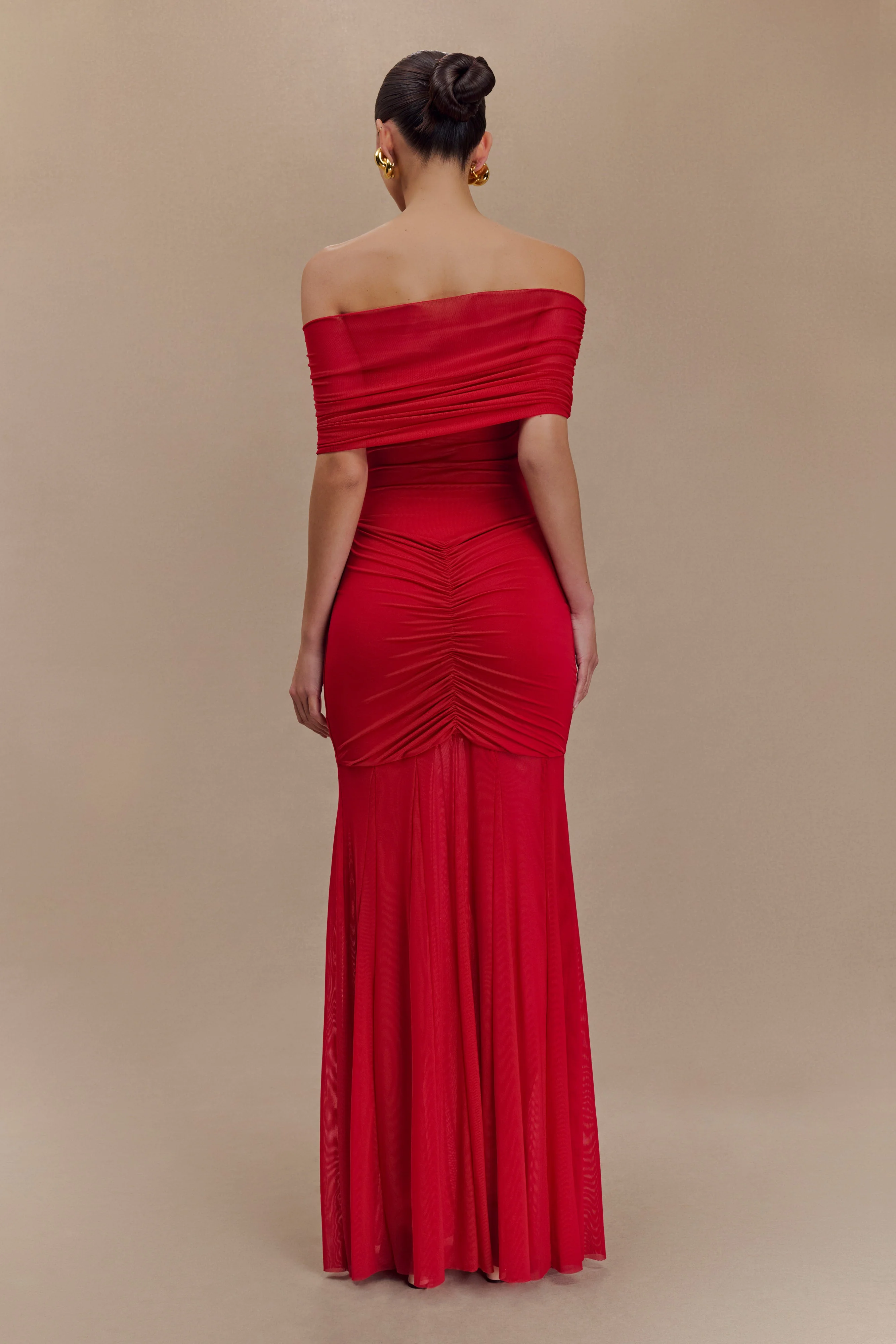 Caspian Slinky And Mesh Off Shoulder Maxi Dress - Ruby - Image 2